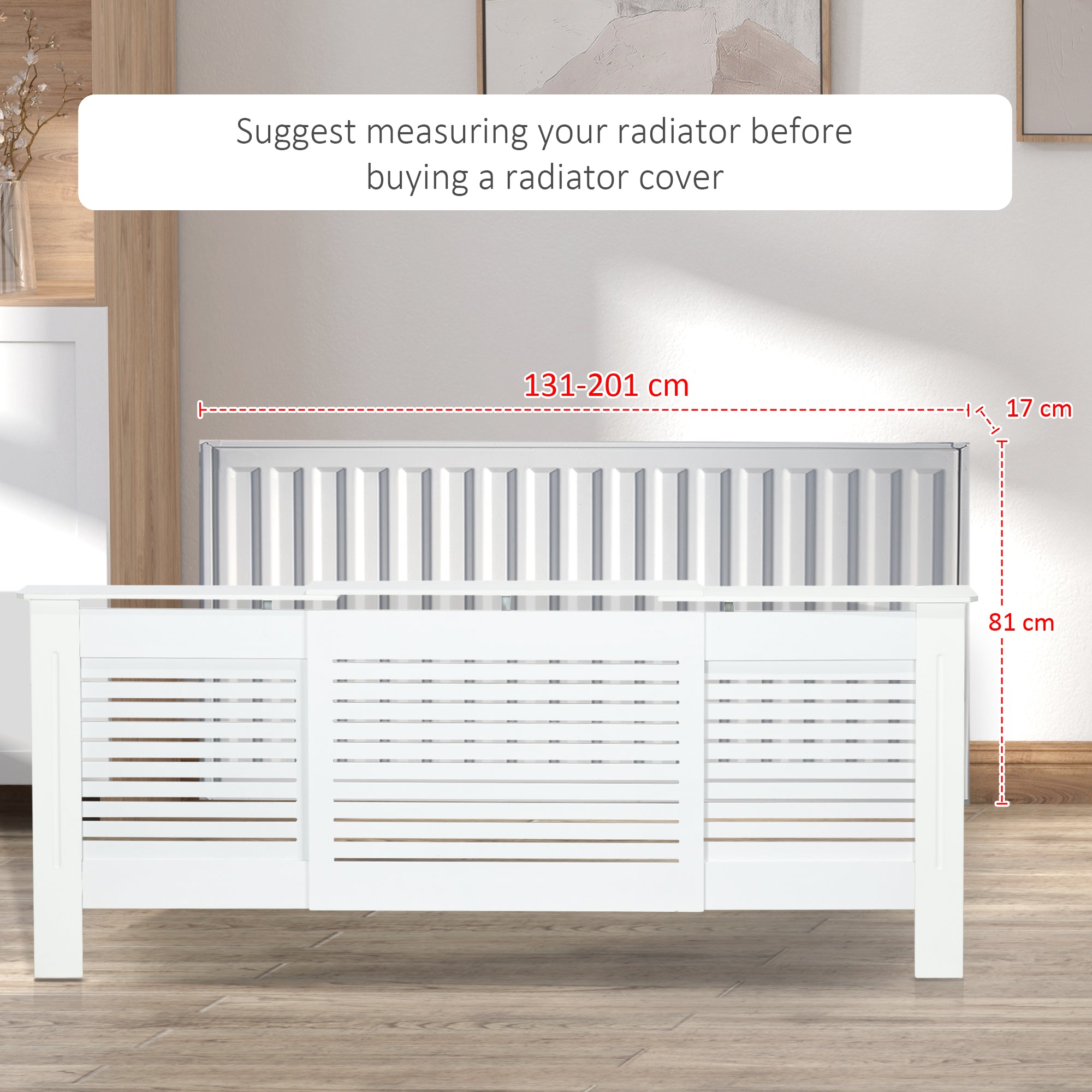 Set of 2 MDF Extendable Radiator Cover with Cabinet Shelving, Home Office Slatted Design, White 139-208.5L x 20.5W x 82.5H cm