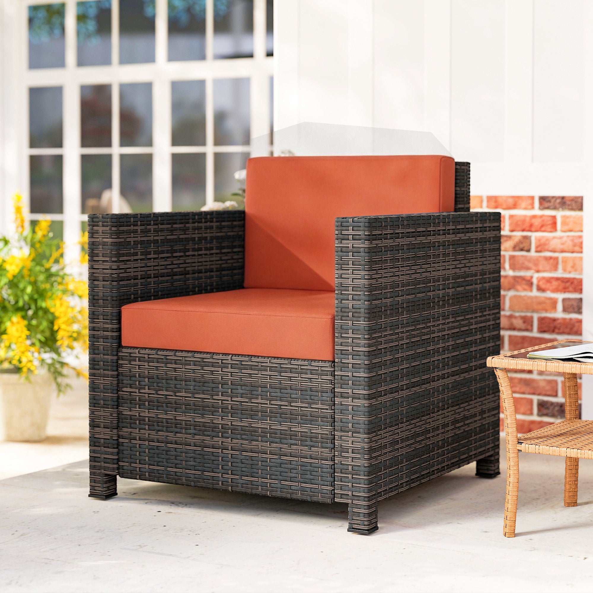 PE Rattan Garden Armchair with Cushion - Mixed Brown/Orange