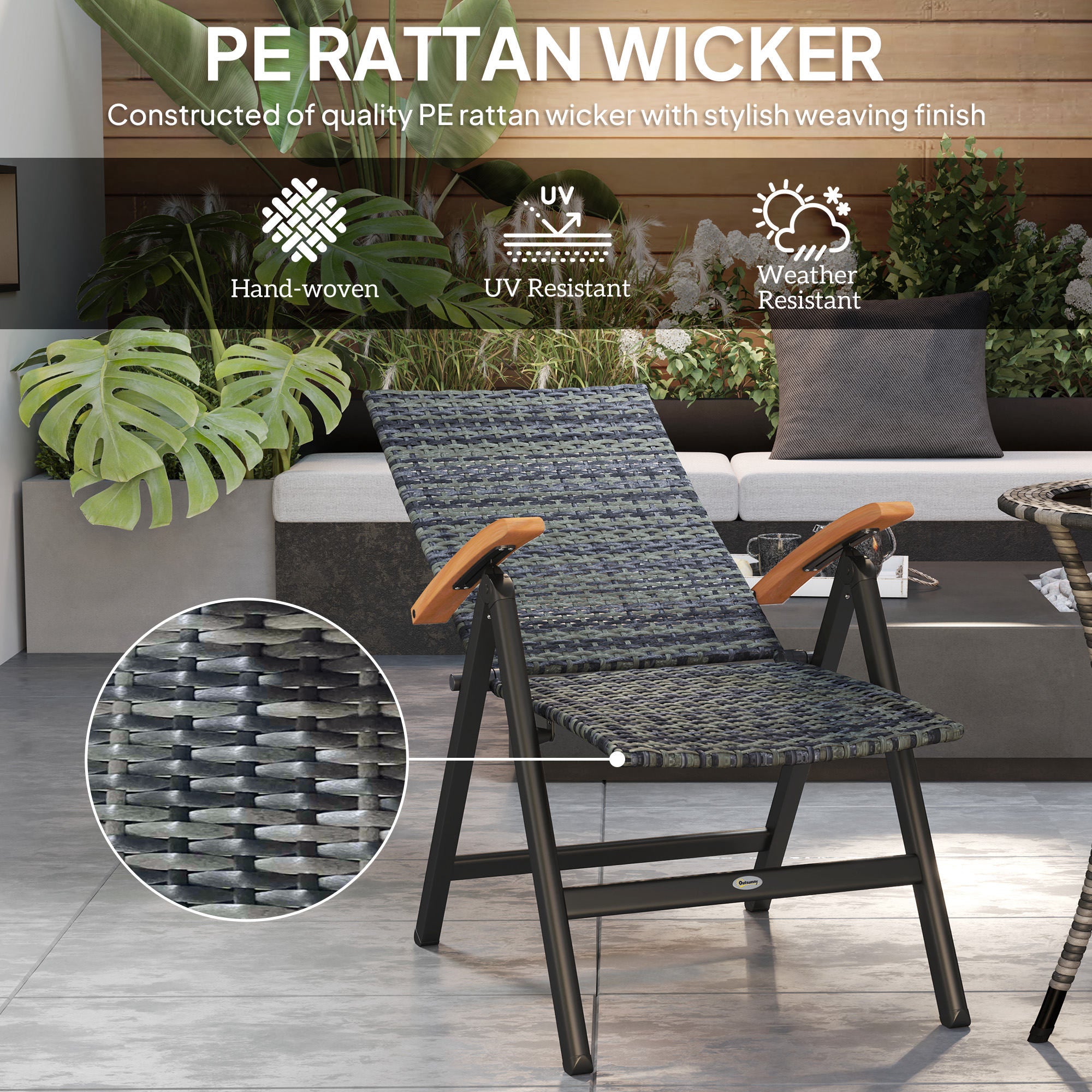 Outdoor Folding Rattan Chair with Armrests, High Backrest, for Garden, Camping, Balcony, Porch - Mixed-grey