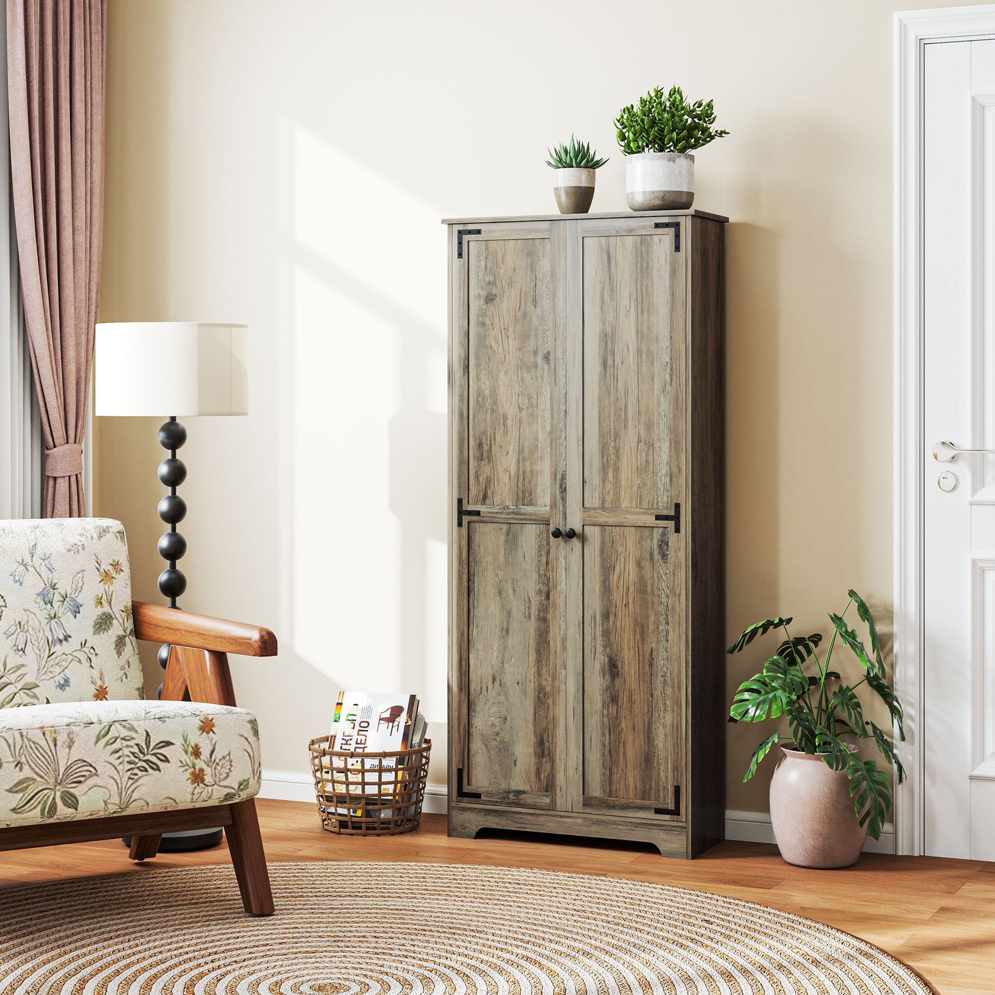 Farmhouse Kitchen Cupboard, Freestanding Kitchen Storage Cabinet with Adjustable Shelves, Tall Storage Cabinet with Recessed Doors, Grey Wood-Effect