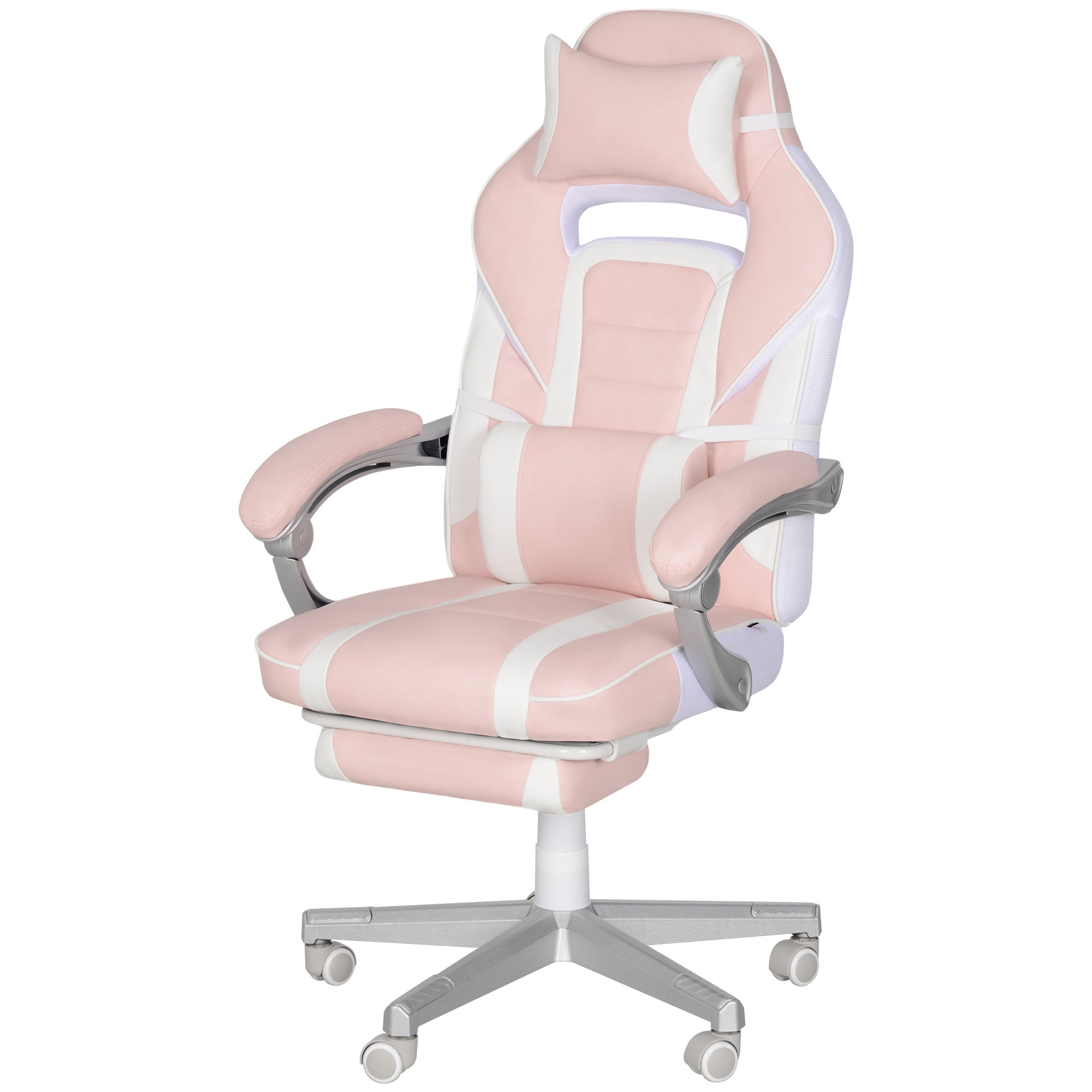 Faux Leather Reclining Gaming Chair, with Footrest - Pink/White