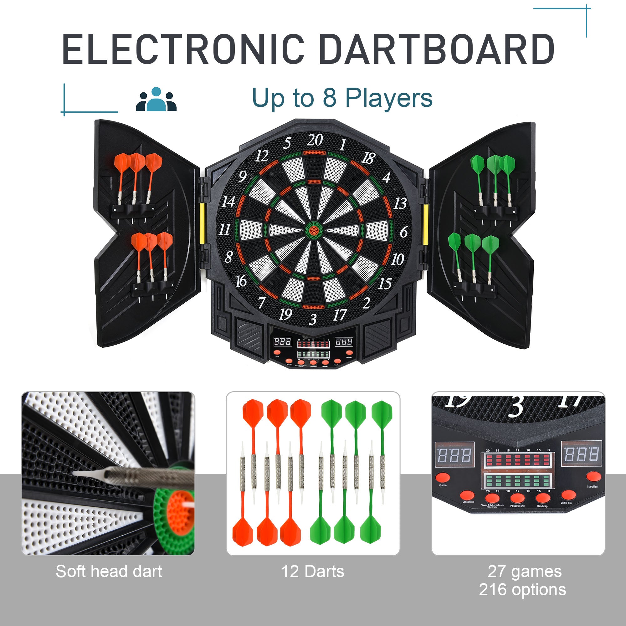 Dart Board Set, Electronic Dartboard with LED Digital Score Display, Soft Tip Darts, 27 Games, Speaker Sound