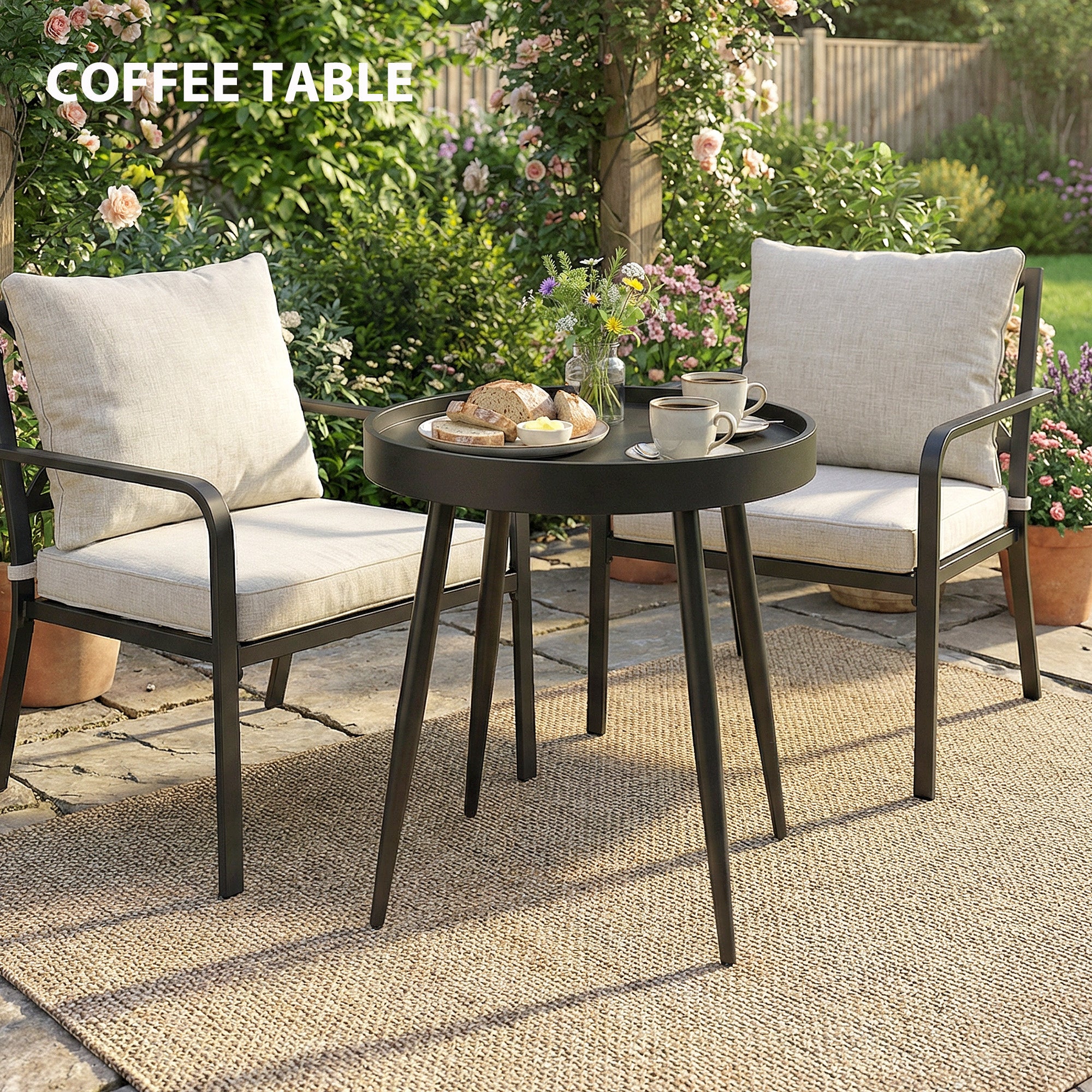 49.5 cm Round Garden Table, Small Outdoor Coffee Side Table with Plastic Tray-Style Top, Metal Legs, Black