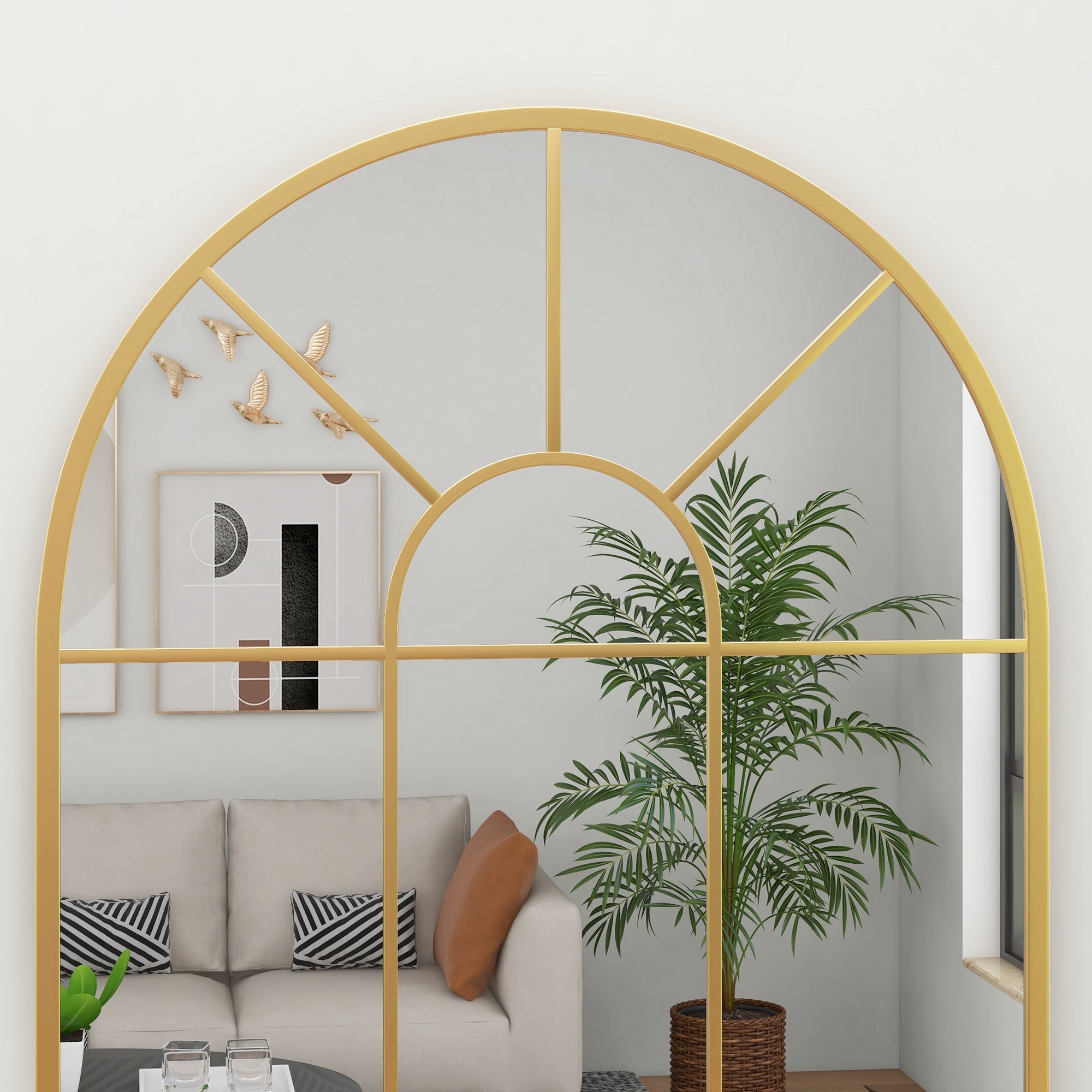Modern Arched Wall Mirror 91 x 60 cm with Grid Frame - Gold Tone