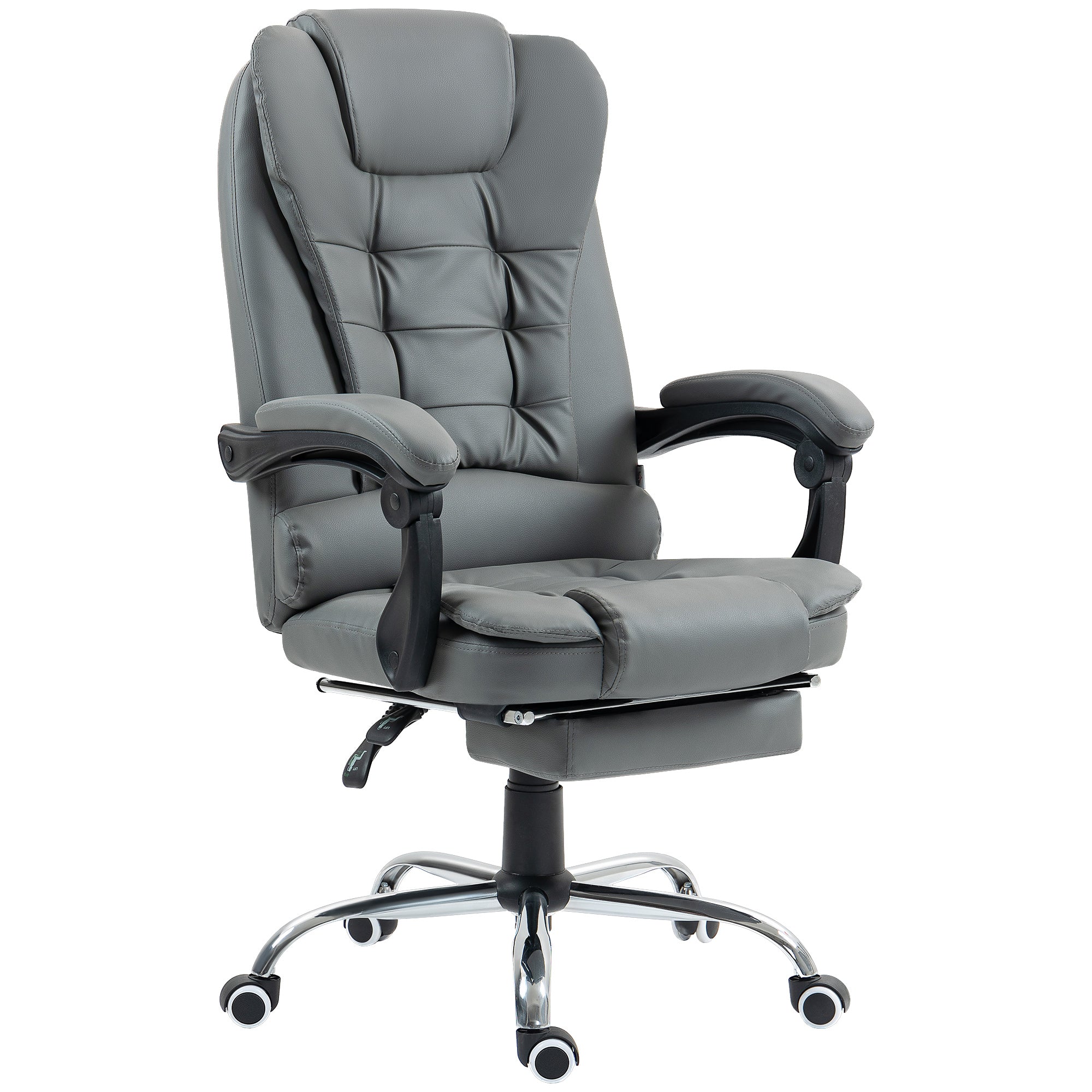 Executive Office Chair, PU Leather Home Office Chair with Swivel Wheels, Reclining Backrest, Retractable Footrest, Grey