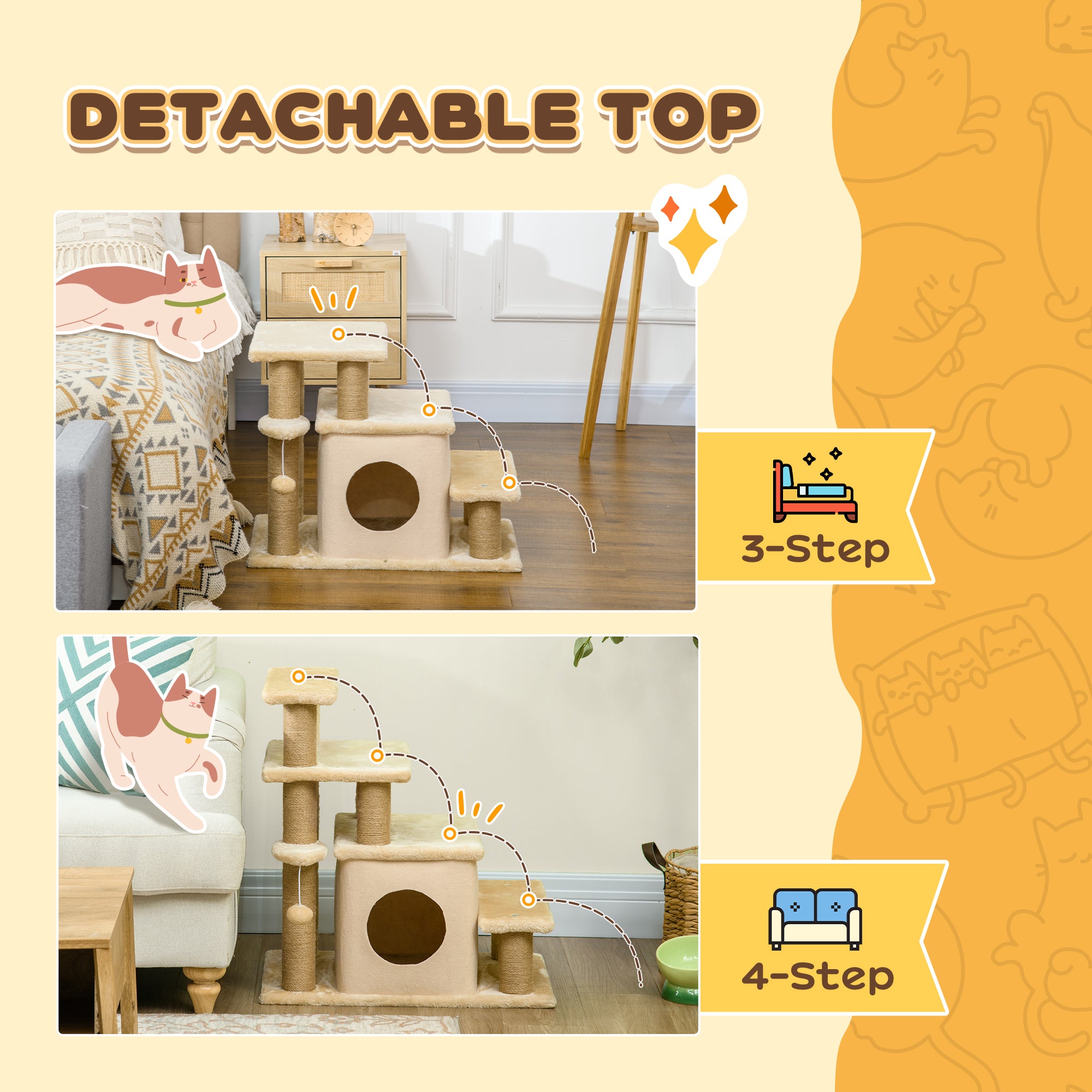 Adjustable Cat Steps, with House & Hanging Toy Ball - Beige