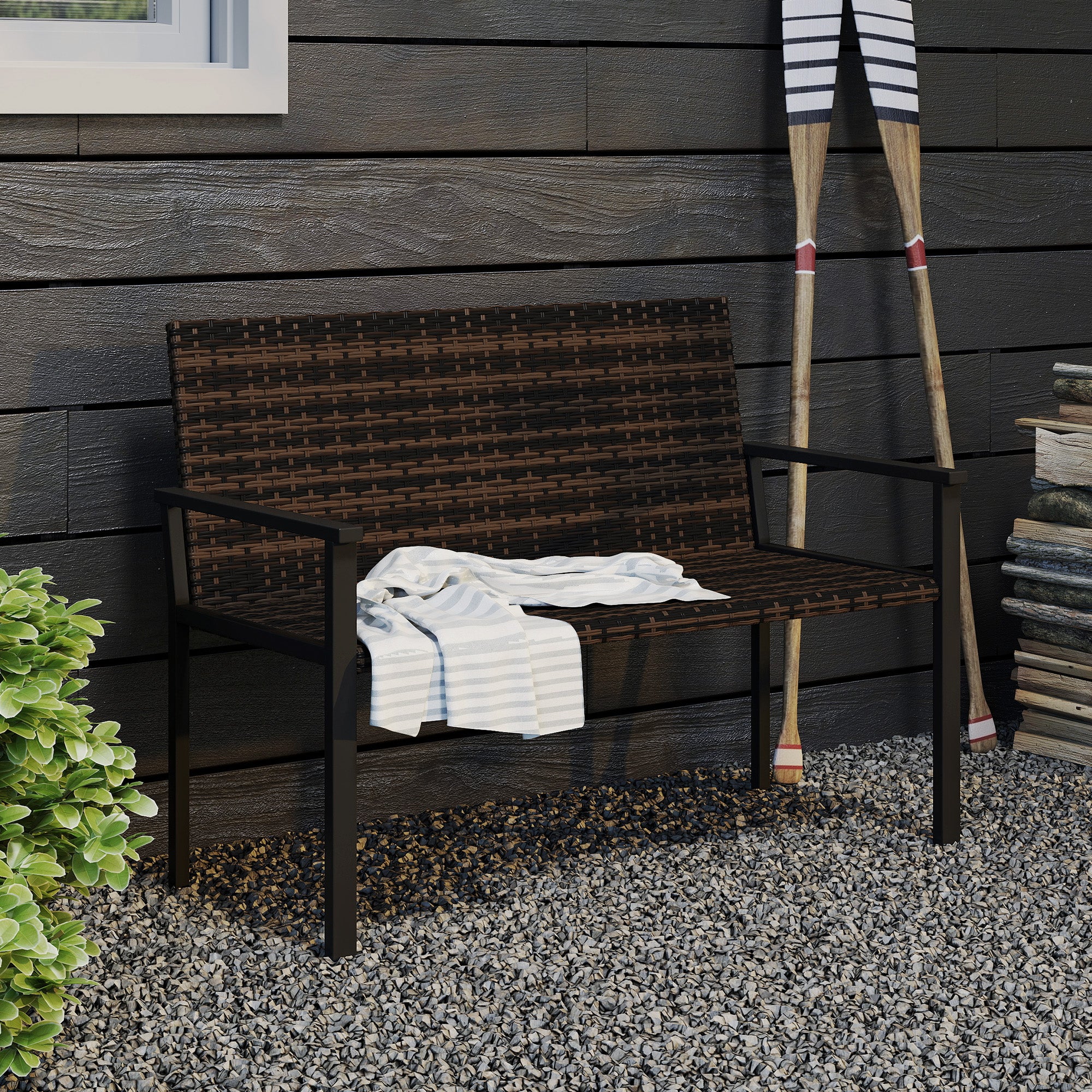 2 Seater Rattan Garden Bench, Outdoor Bench with Quick-Drying Cotton Padding, Wicker Garden Loveseat with Armrests, Steel Frame for Patio, Park, Mixed Brown