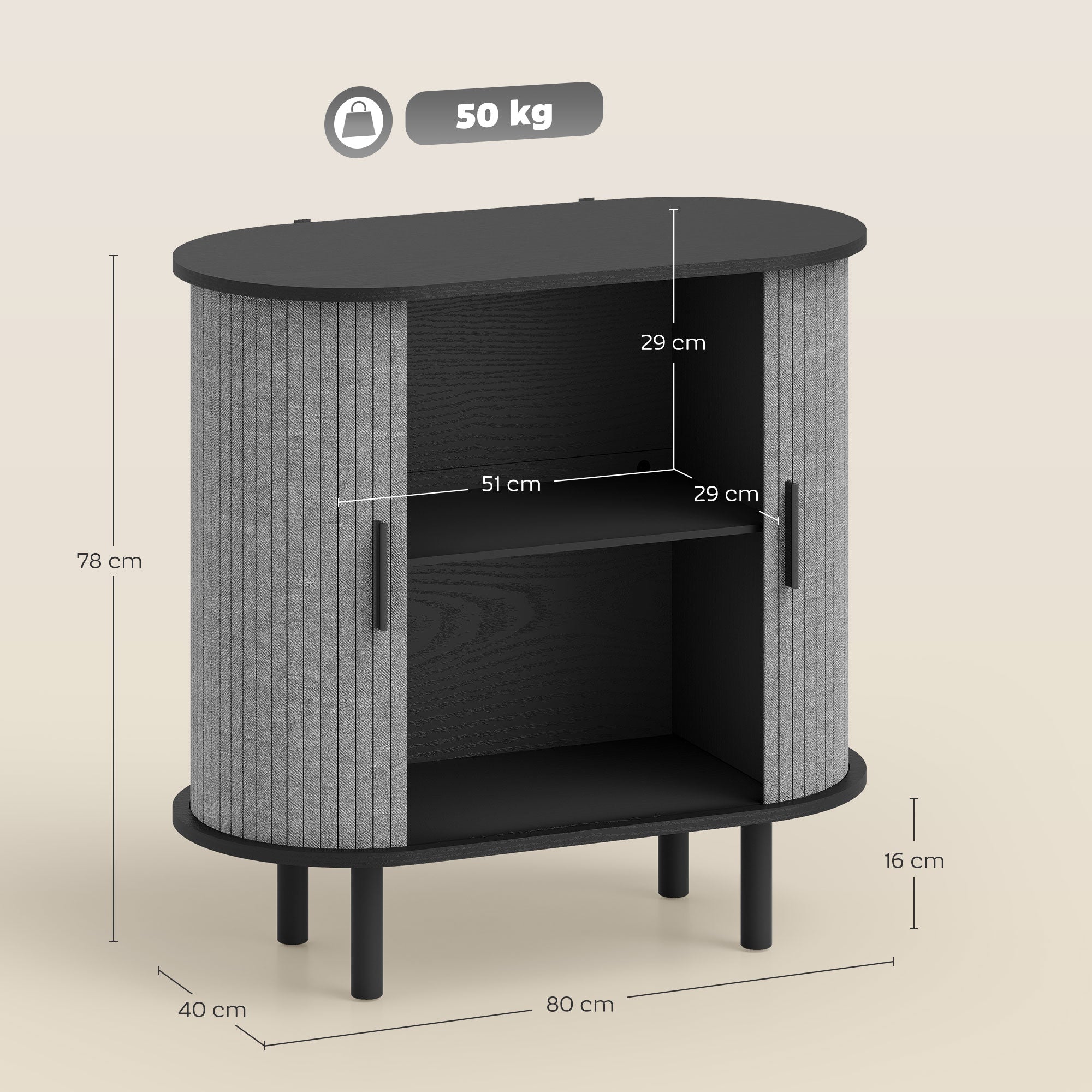 Tambour Sideboard with Fluted Sliding Doors, Modern Kitchen Cupboard with Storage Shelves and Wooden Legs, Grey