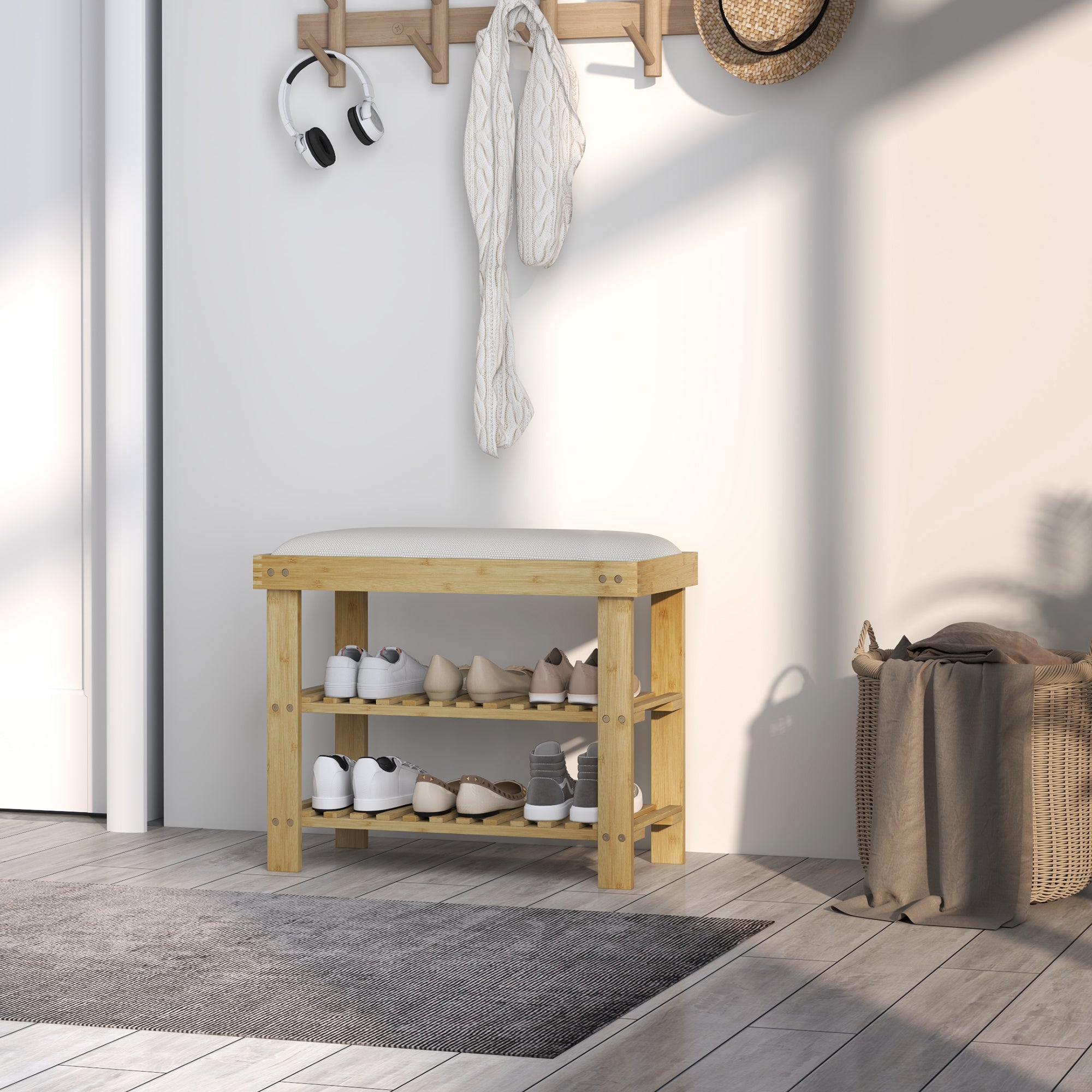 Bamboo Shoe Storage Bench, 3-Tier Shoe Bench with Seat Cushion, Shoe Rack for Entryway, Hallway, Living Room, Bedroom, Cream White