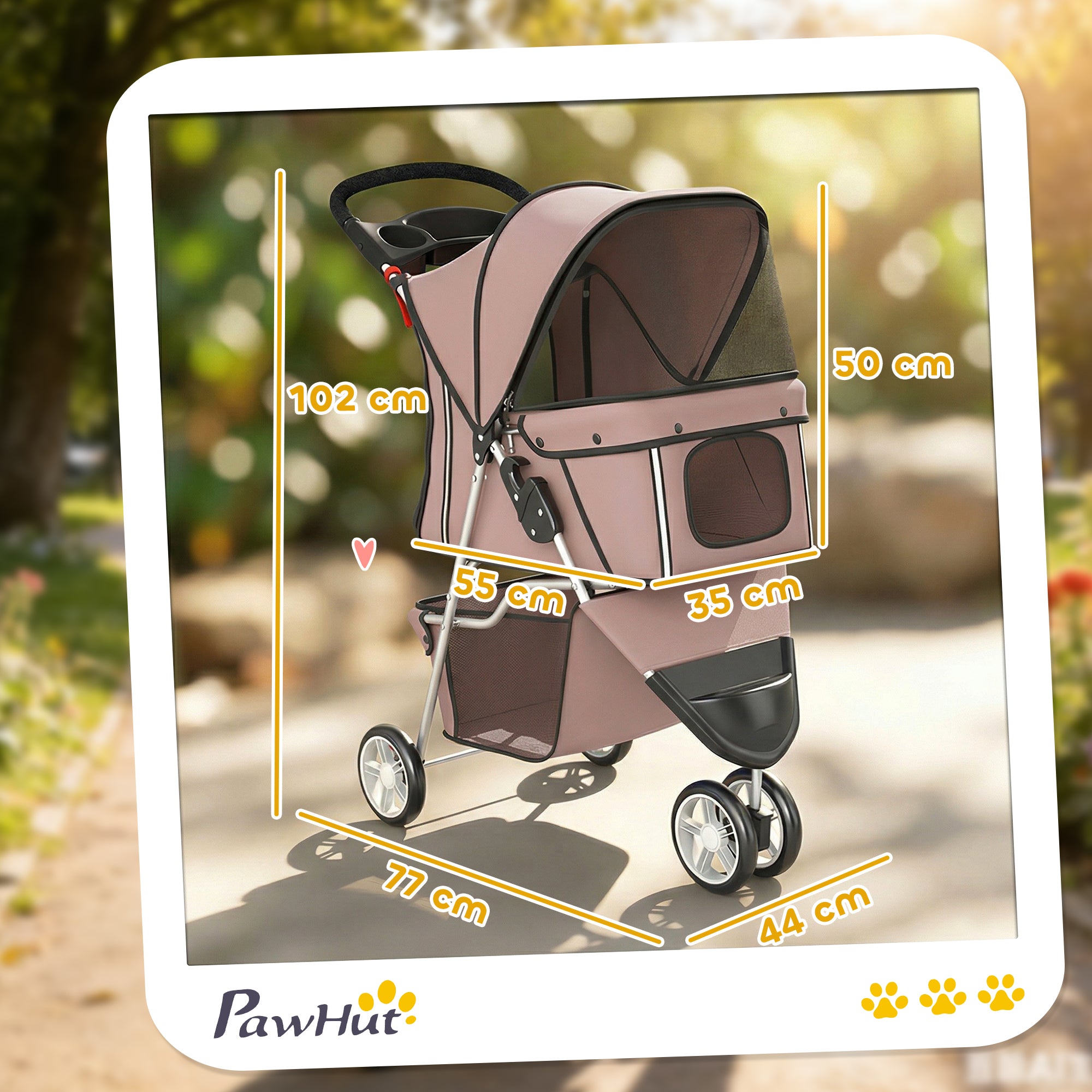 Dog Stroller, 3 Wheels Foldable Pet Stroller with Adjustable Canopy, Storage Basket for Small Mini Breeds, Coffee