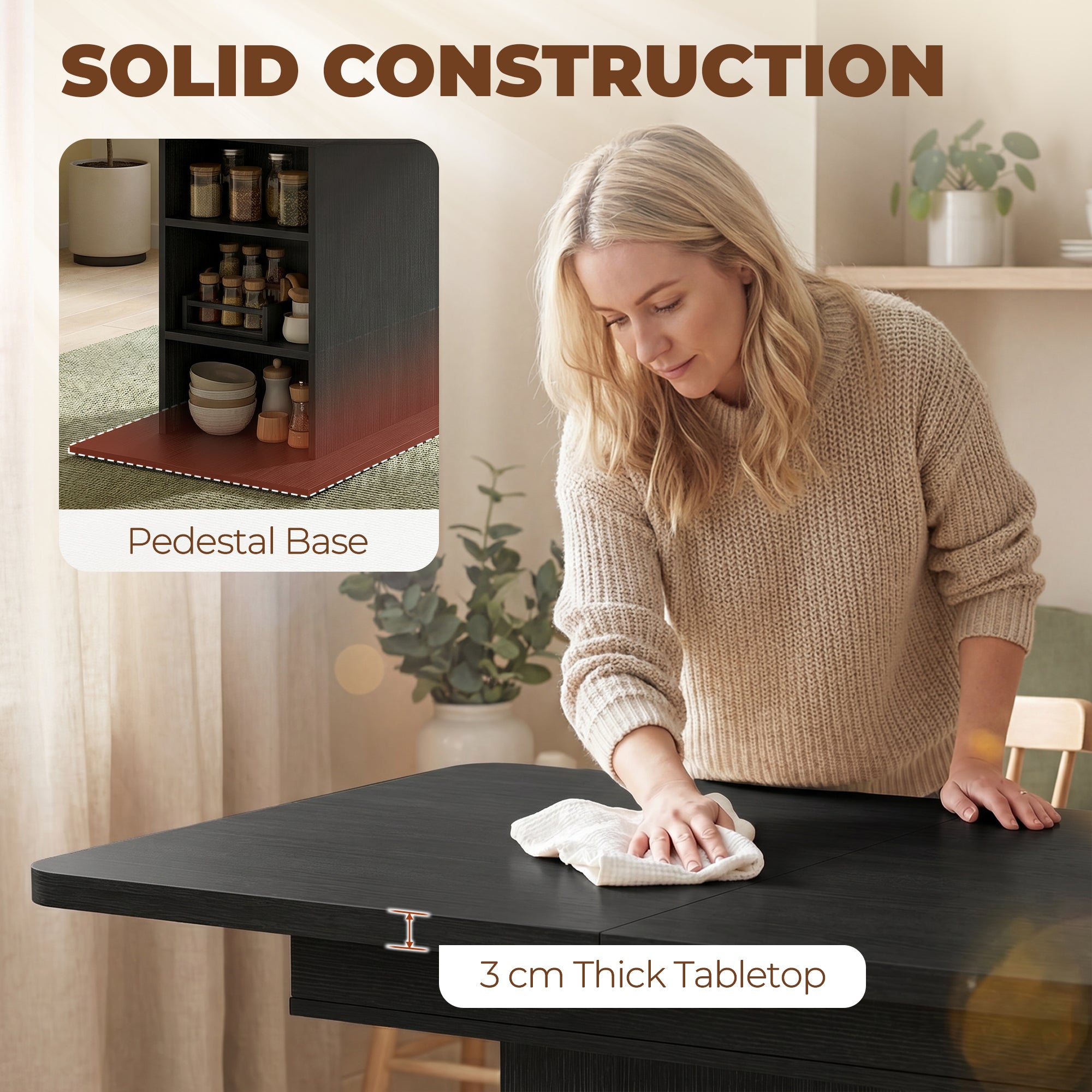 Extendable Dining Table for 4-6 People, 110-130cm Kitchen Table with 6 Open Shelves, Black