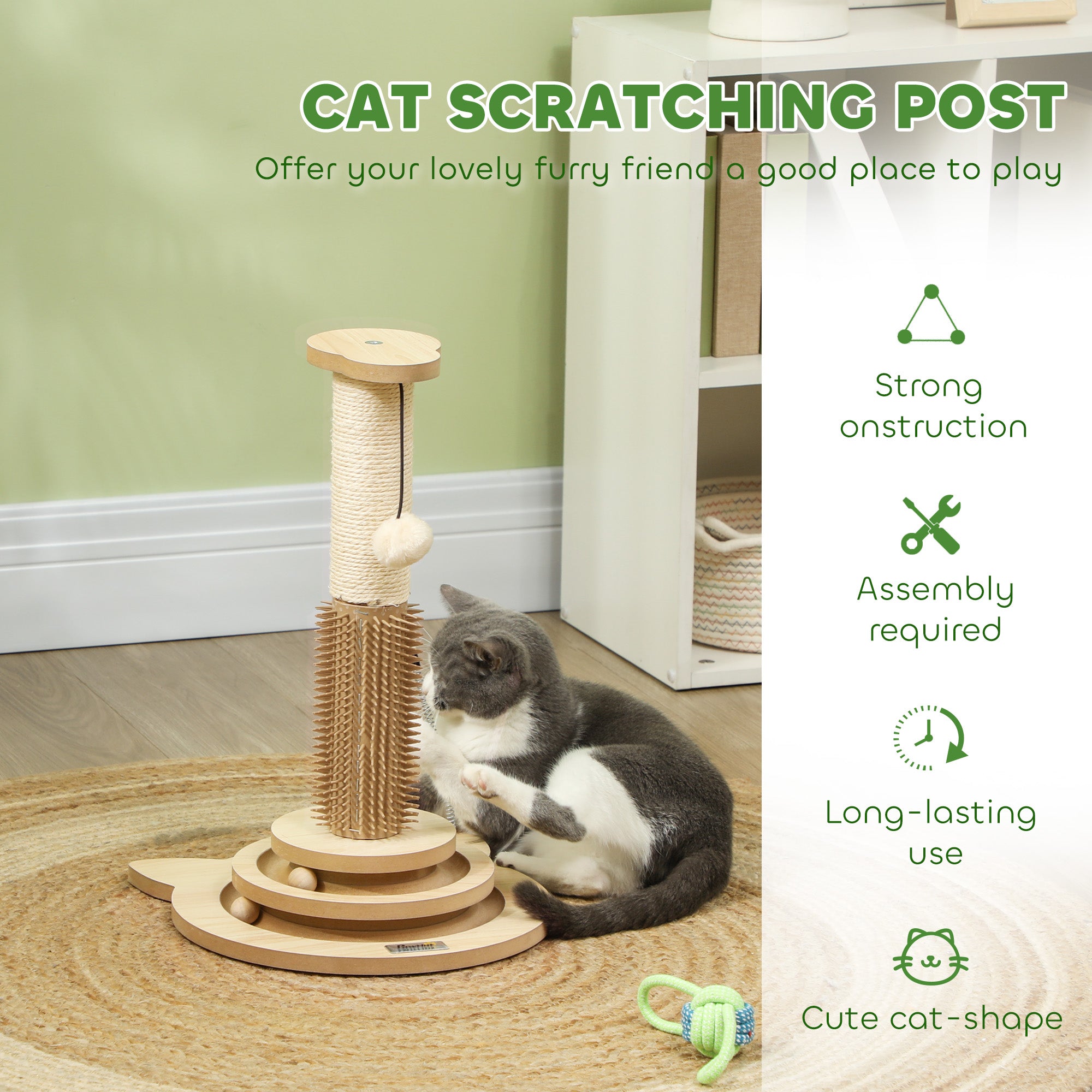 49cm 5 in 1 Cat Scratching Post with Sisal Post, Track Ball, Self Grooming Brush, Hanging Toy Ball, Feather, Oak Tone