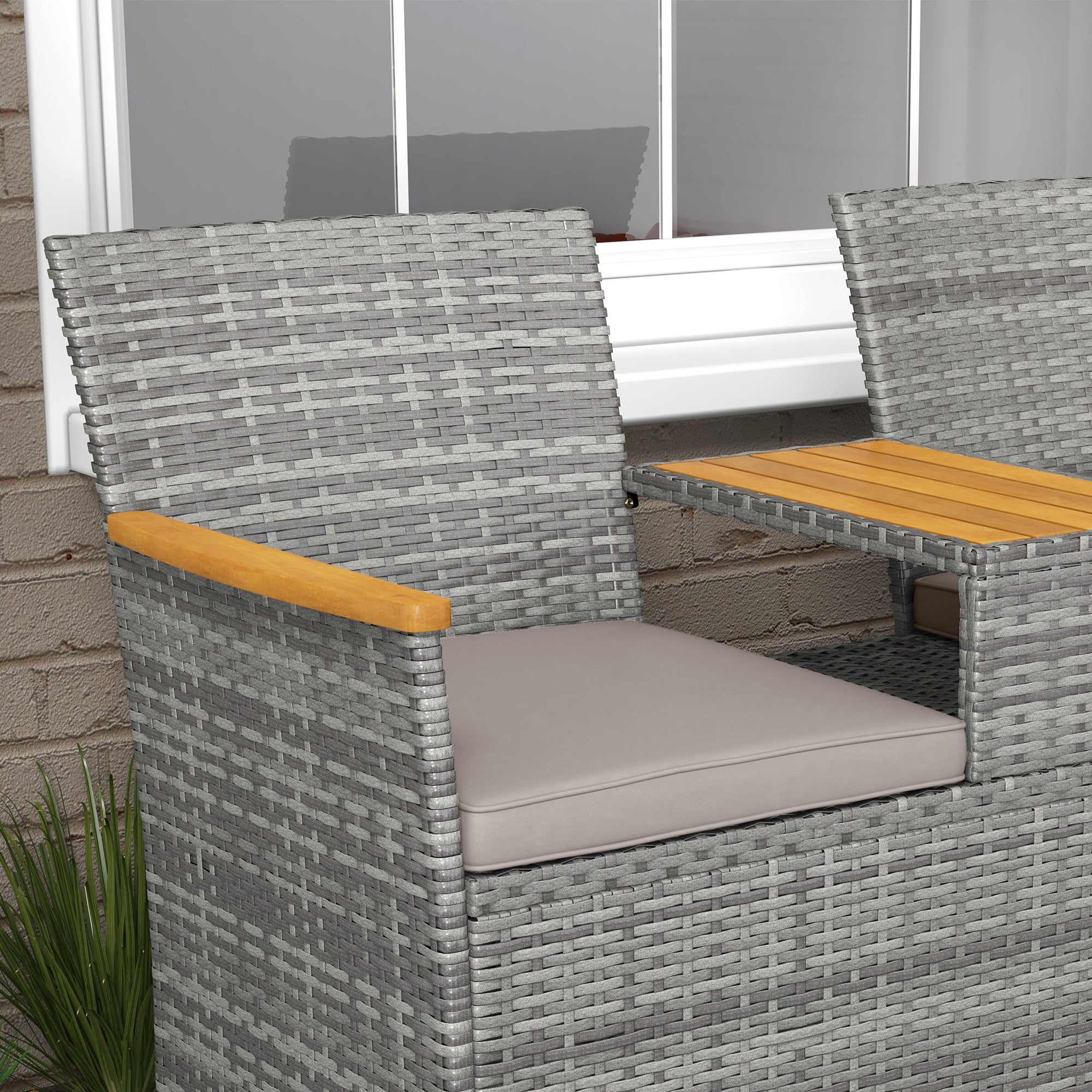 Two-Seat Rattan Loveseat, with Wood-Top Middle Table - Grey