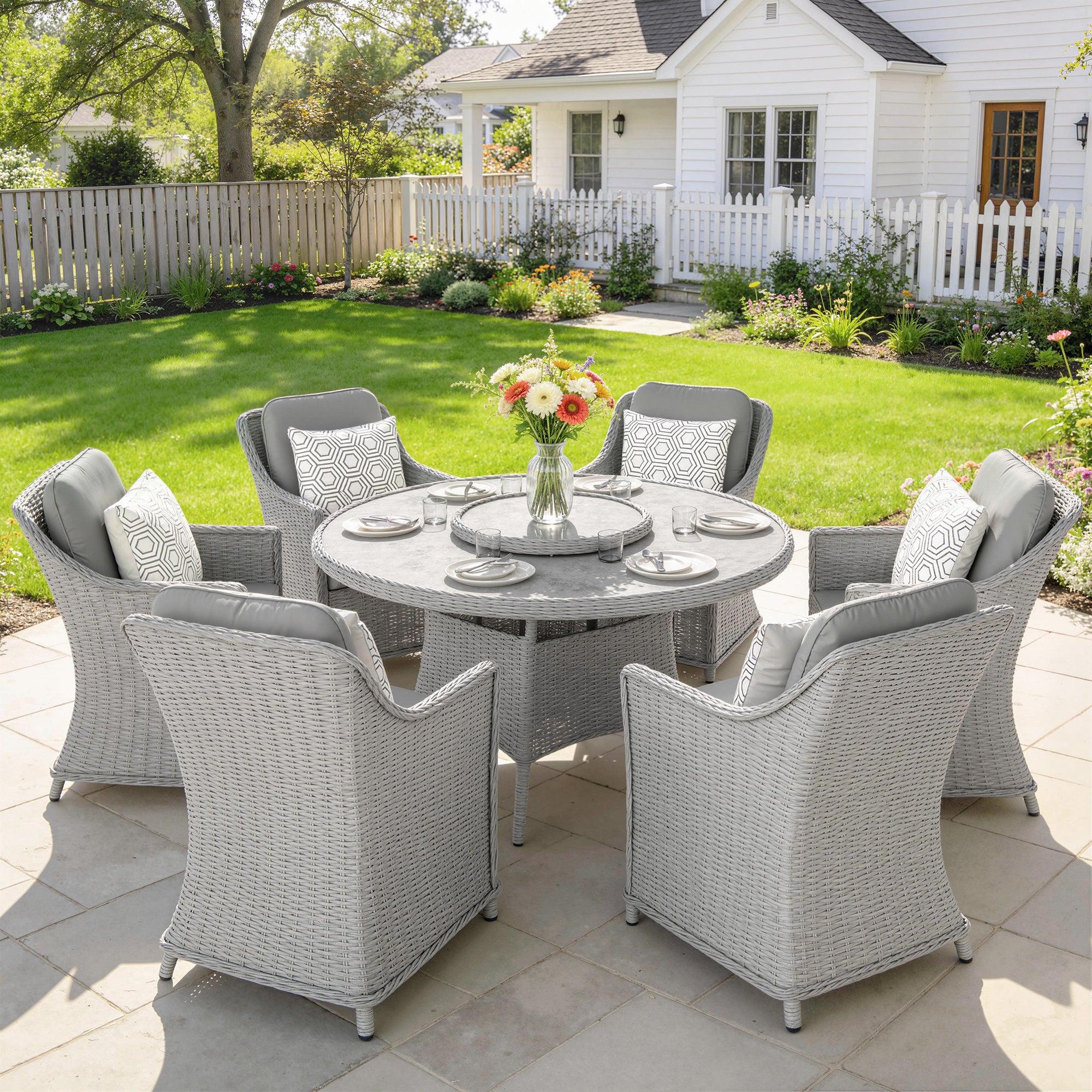 Rattan Dining Set with Turntable, Marble Effect Glass Table and 6 Armchairs, Aluminium Frame, Grey