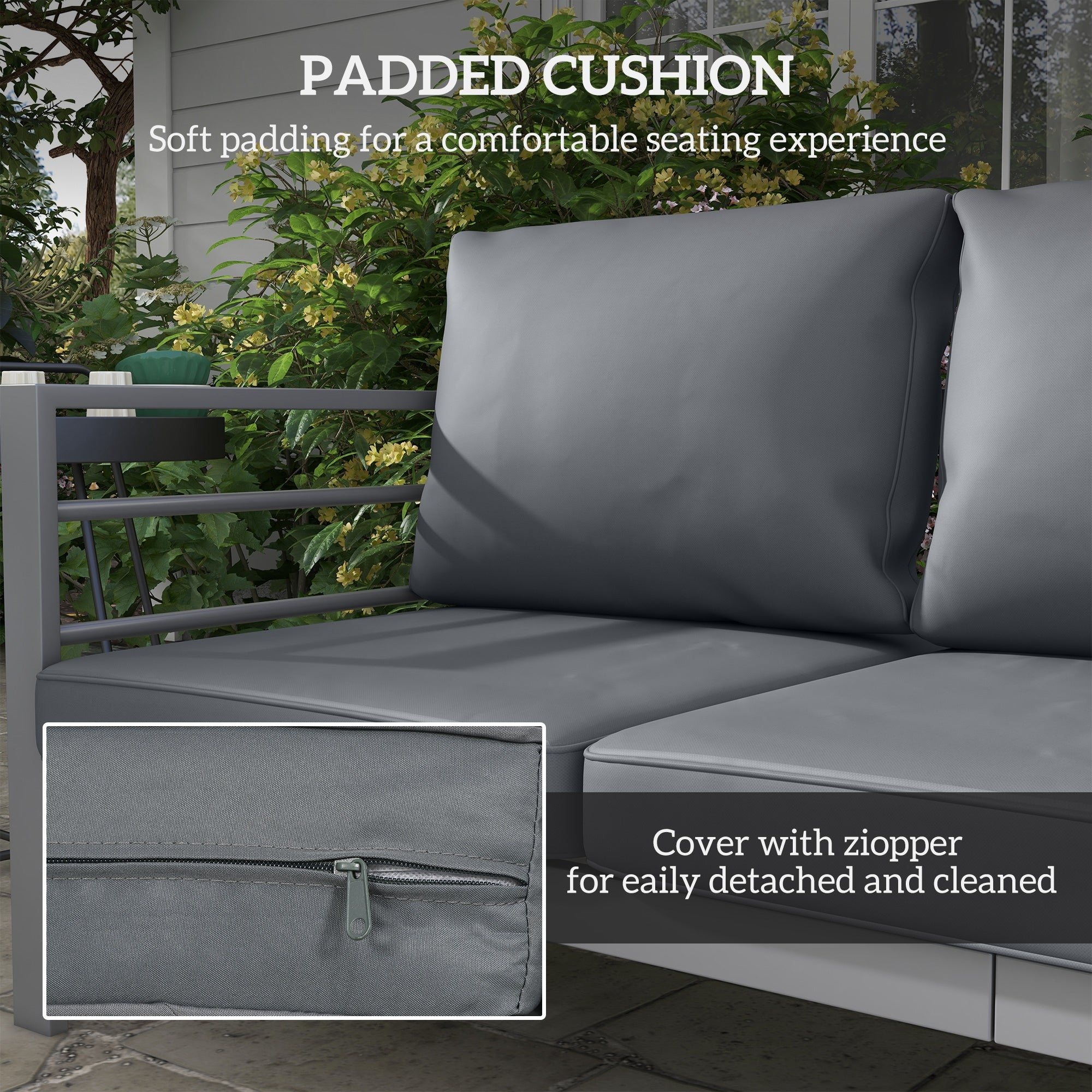 Aluminium Three-Seater Garden Bench, with Cushions - Grey