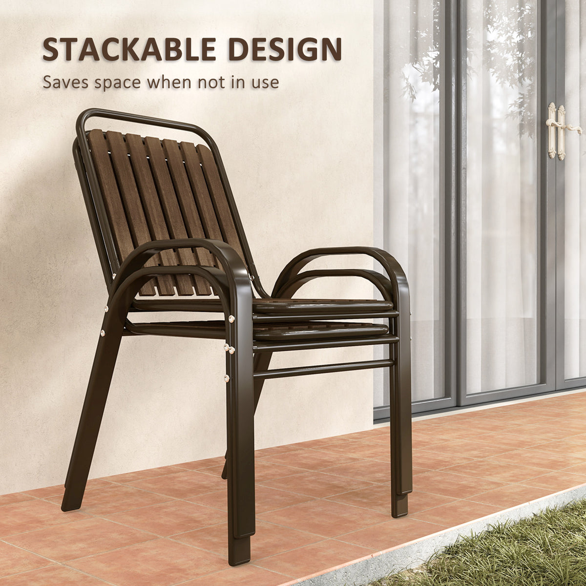 3 Pieces Outdoor Patio Bistro Set with Stackable Chairs and Tempered Glass Table - Dark Brown