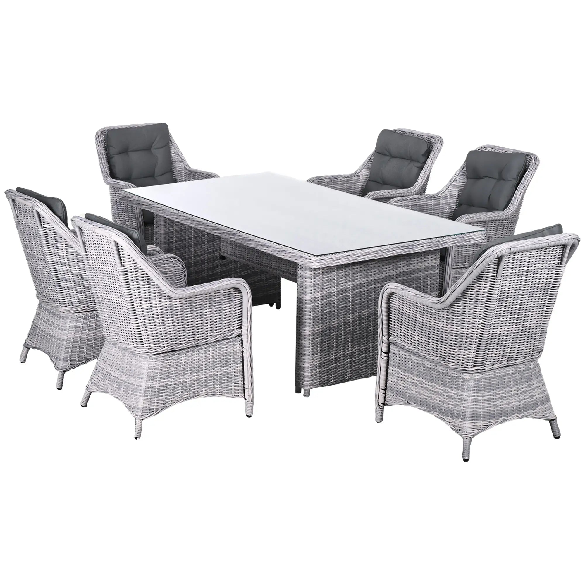 7 PCS Outdoor PE Rattan Dining Table Set, Patio Wicker Aluminium Chair Furniture w/ Tempered Glass Table Top, Grey