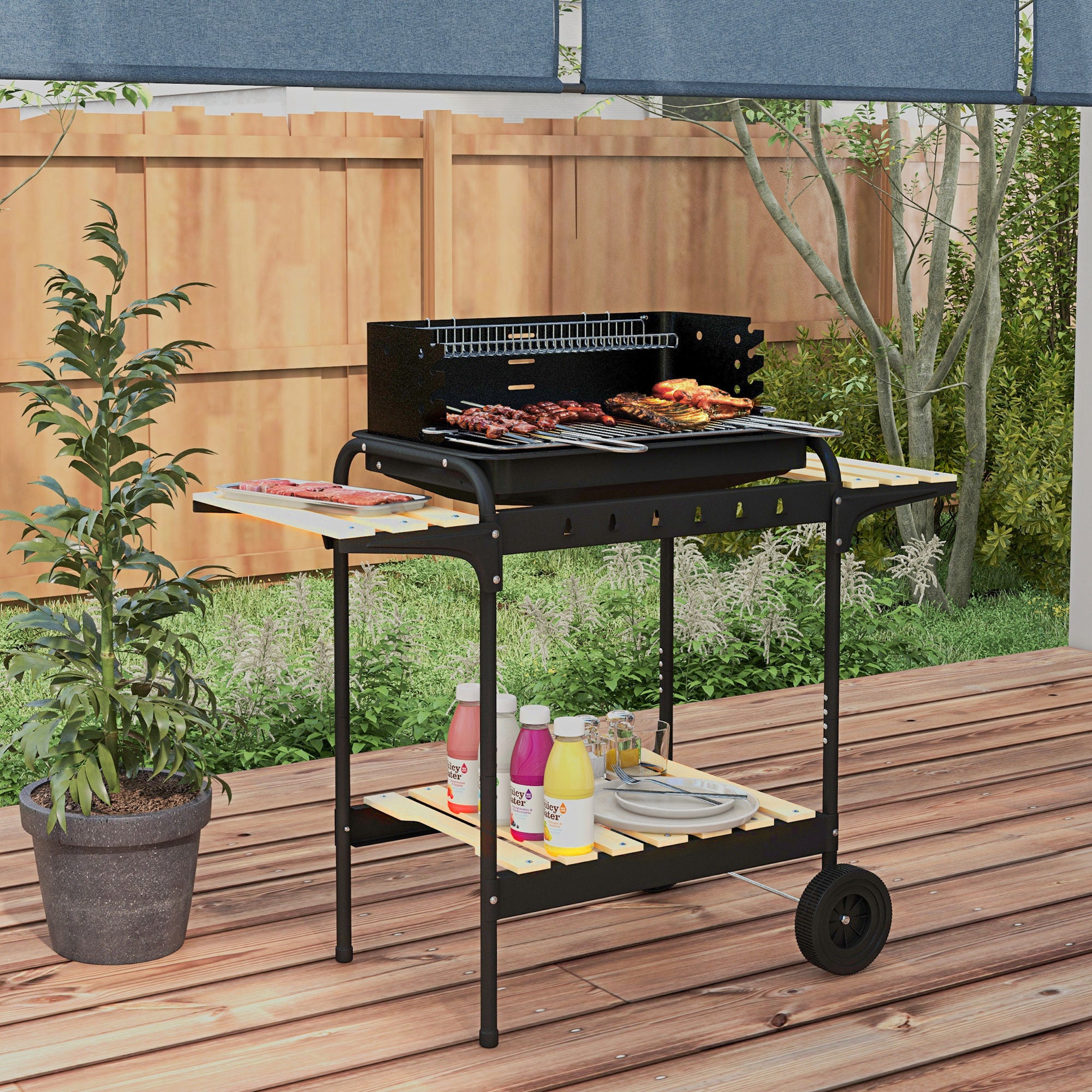 Charcoal Barbecue Grill with Adjustable Height & Ash Catcher Portable BBQ Trolley - Black