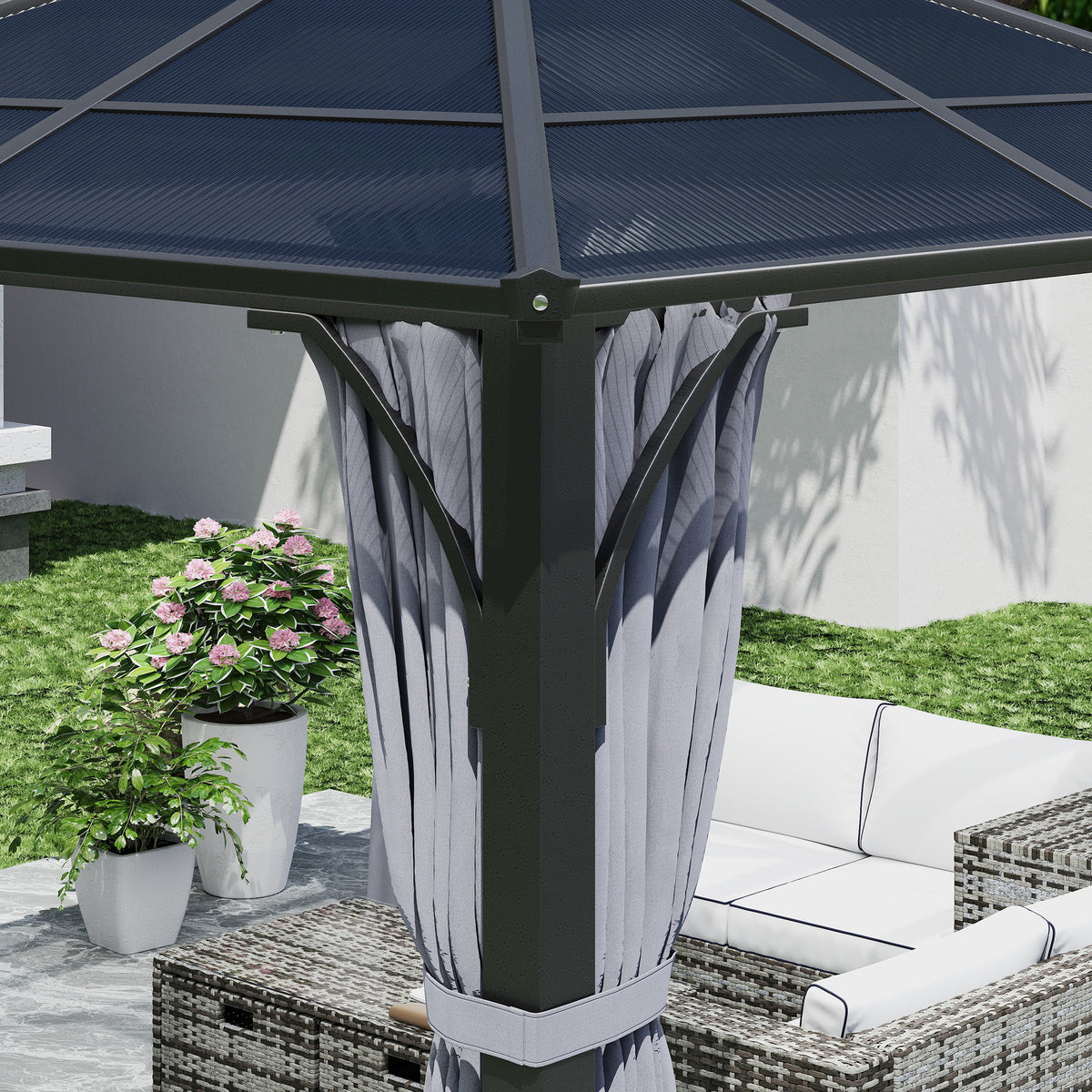 3 x 3m Hardtop Gazebo Canopy with 7mm Double Polycarbonate Roof, Mosquito Netting & Curtains - Dark Grey