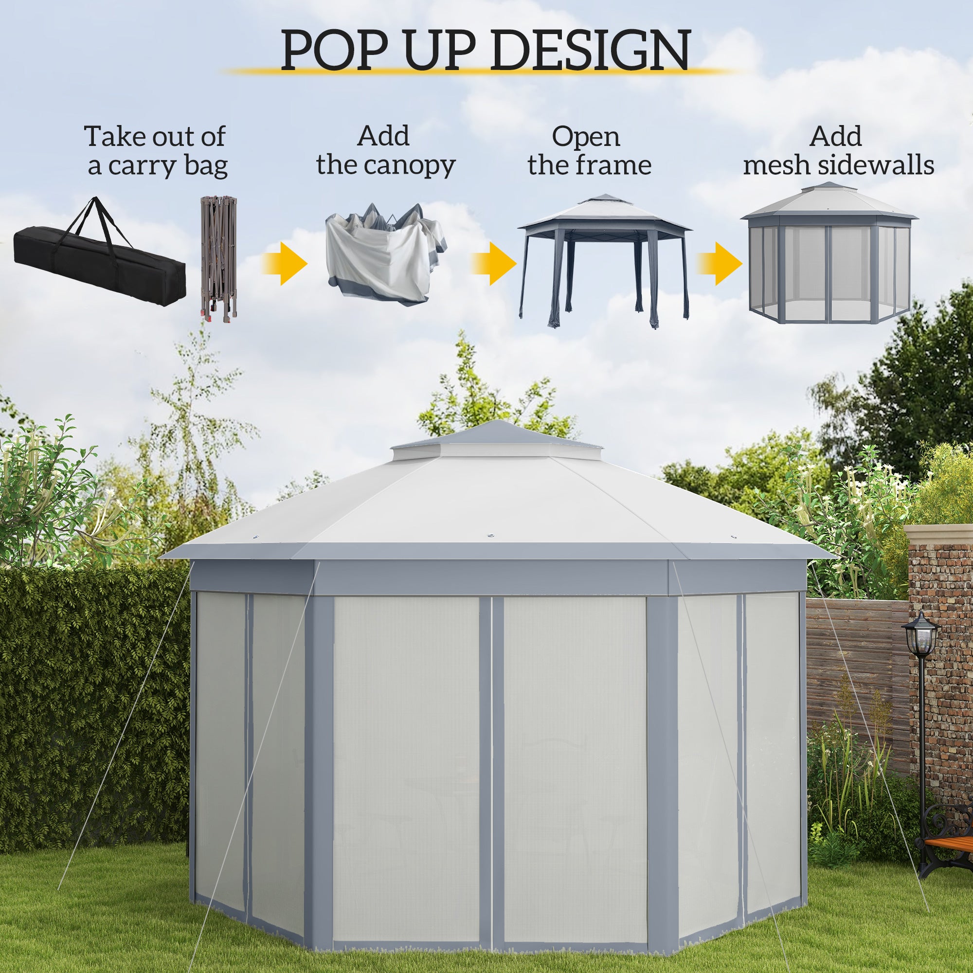 3 x 4m Metal Frame Hexagon Gazebo, with Curtains - Grey