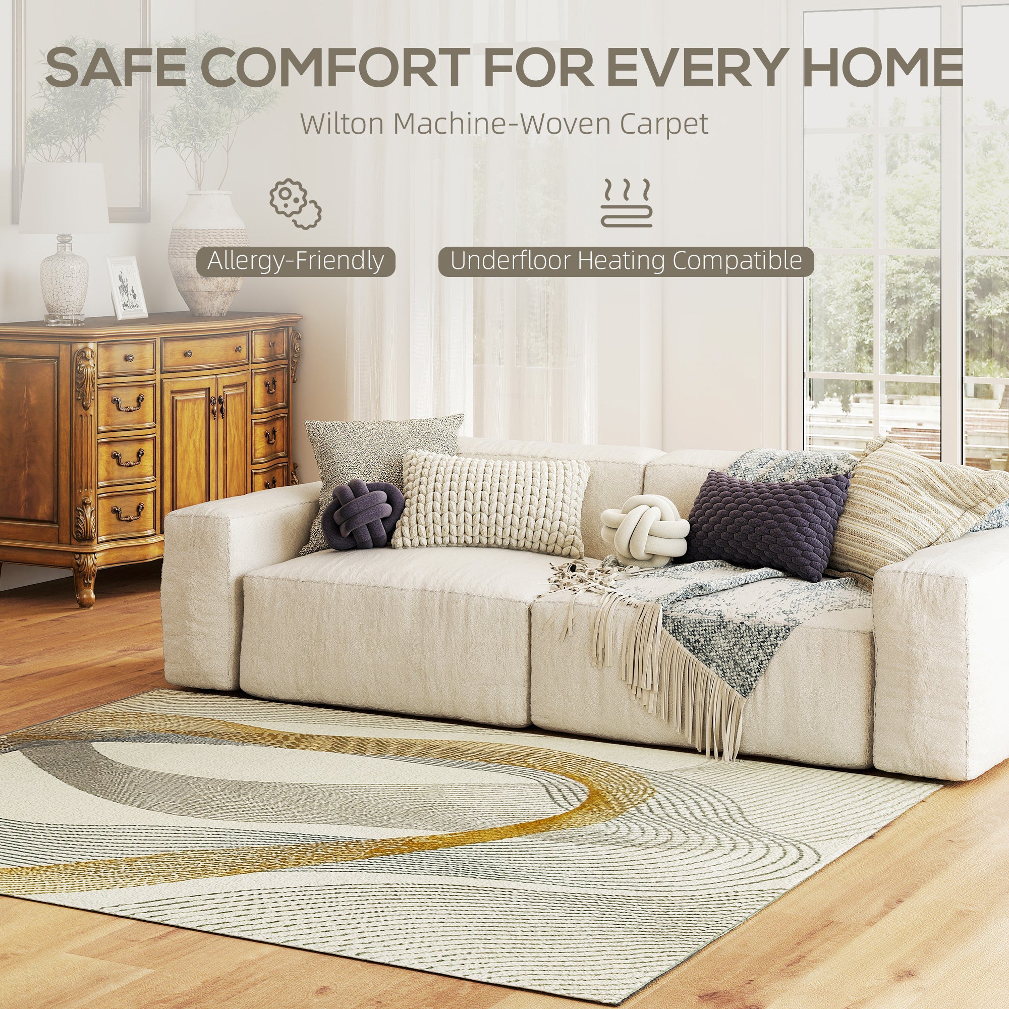 Modern Area Rug, Machine Washable Rug, Allergy-Friendly Floor Carpet for Living Room, Bedroom, Dining Room, Home Office, 170 x 120 cm, Cream White