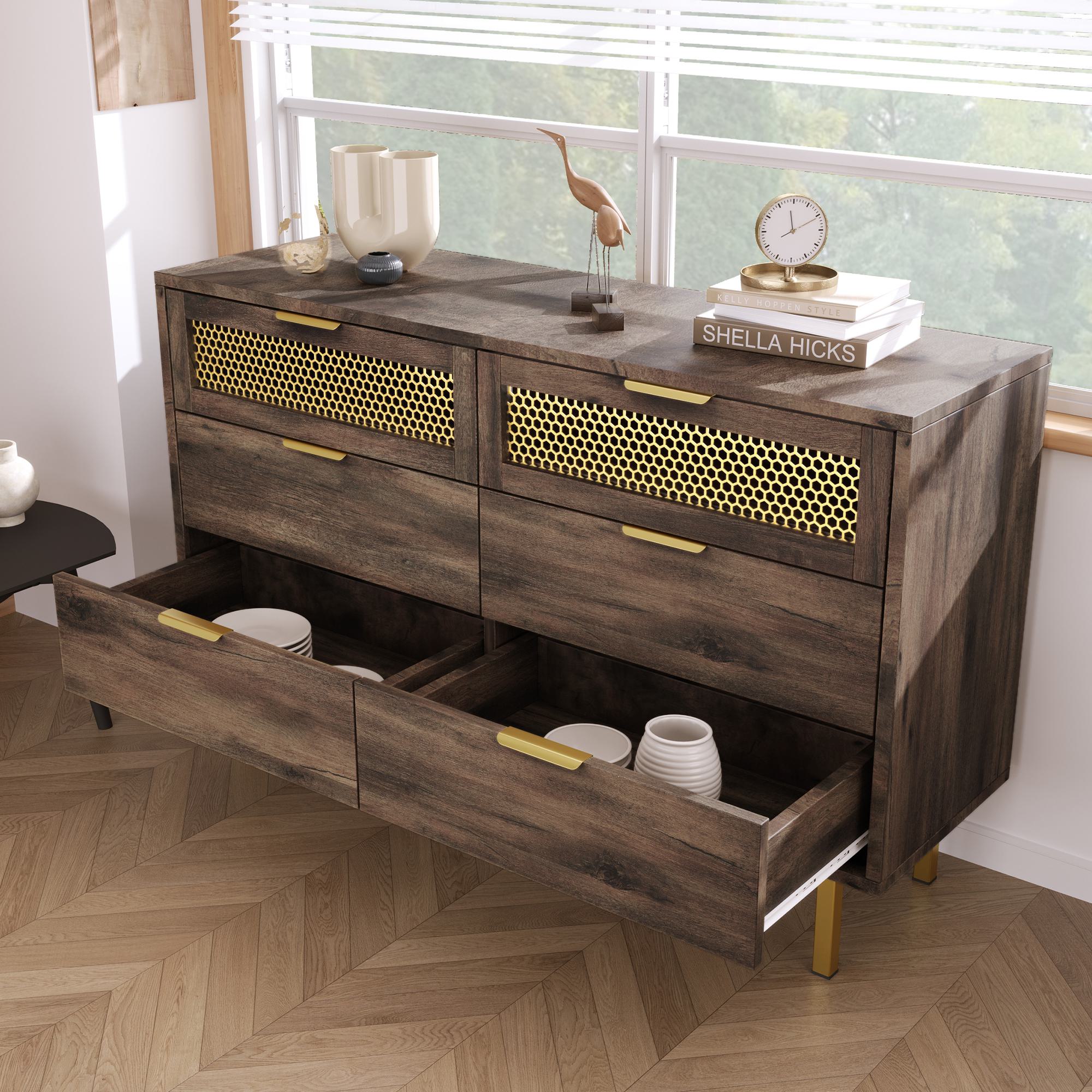 Sideboard Cabinet Dresser with 6 Drawers, Metal Handles, Multipurpose Storage Cabinet for Hallway, Bedroom, 120L x 40W x 76H cm, Dark Brown