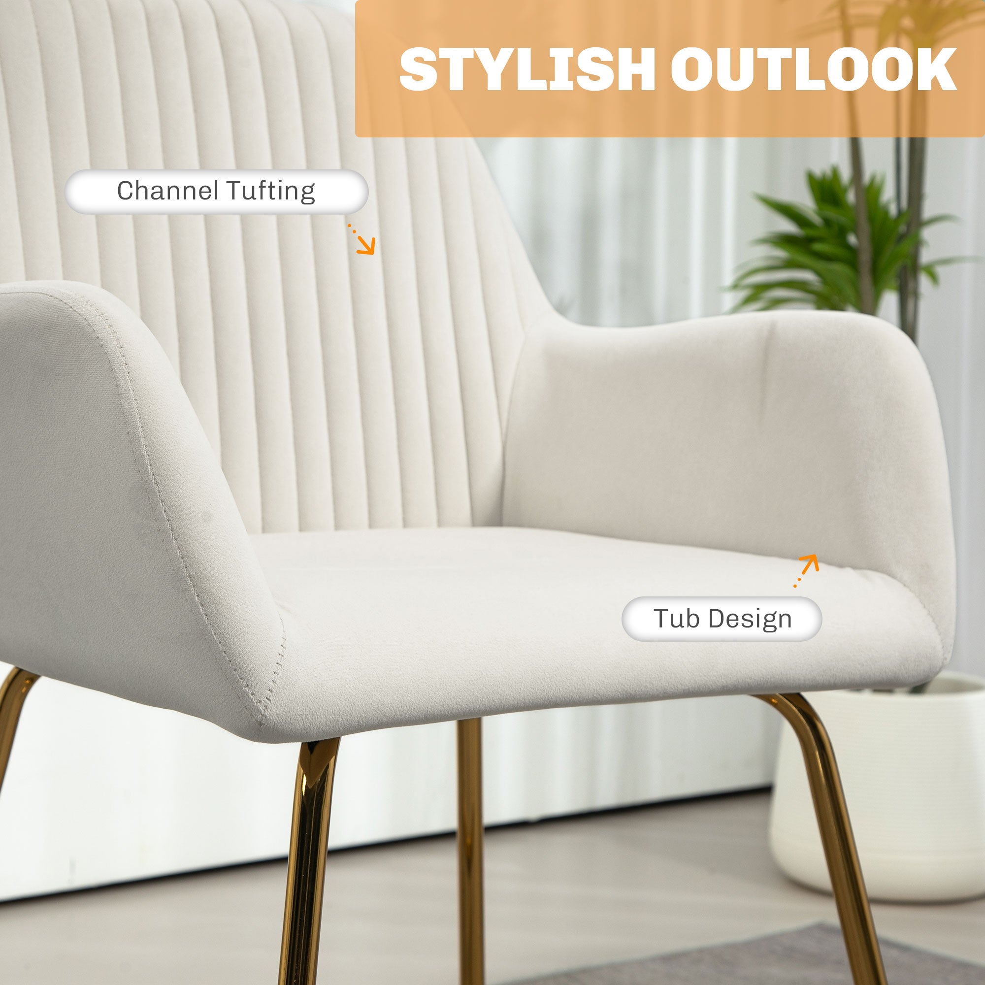 Modern Upholstered Arm Accent Chair with Metal Base - Cream White