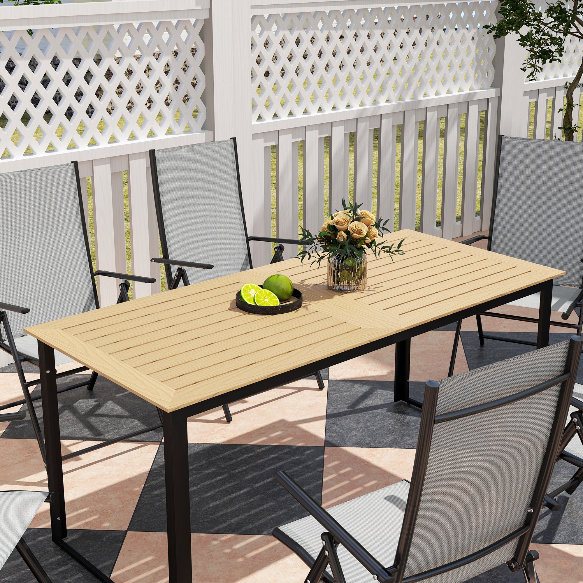 6 Seater Teak Effect Outdoor Dining Table with Metal Frame