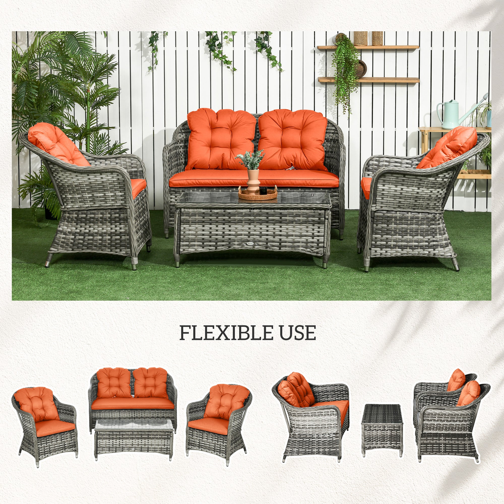 4 Piece Rattan Sofa Set with Glass Top Table - Orange