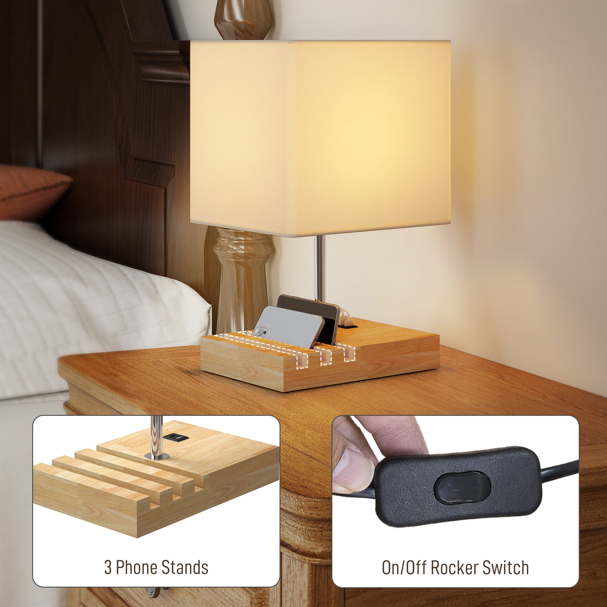 Bedside Lamp with USB A+C Charging Ports and 3 Phone Stands, Modern Table Lamp with Solid Wood Base and Fabric Shade for Bedroom Living Room Office, E27 Socket, Bulb Not Included, White