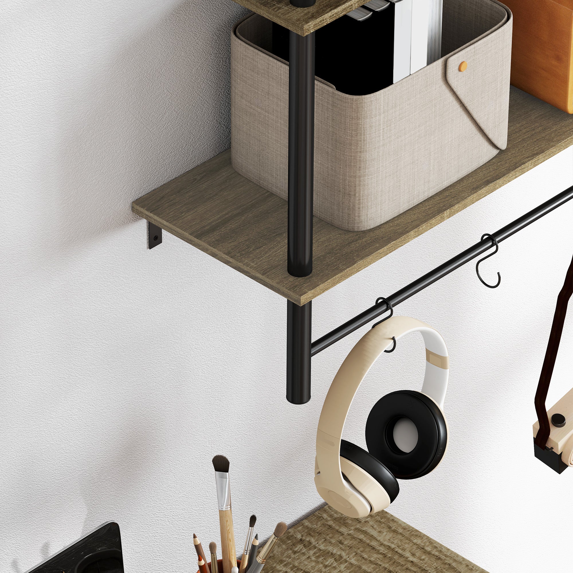 Wall Mounted Floating Shelves with 4 Hooks, Rustic Wall Shelf Unit for Living Room, Entryway, Grey