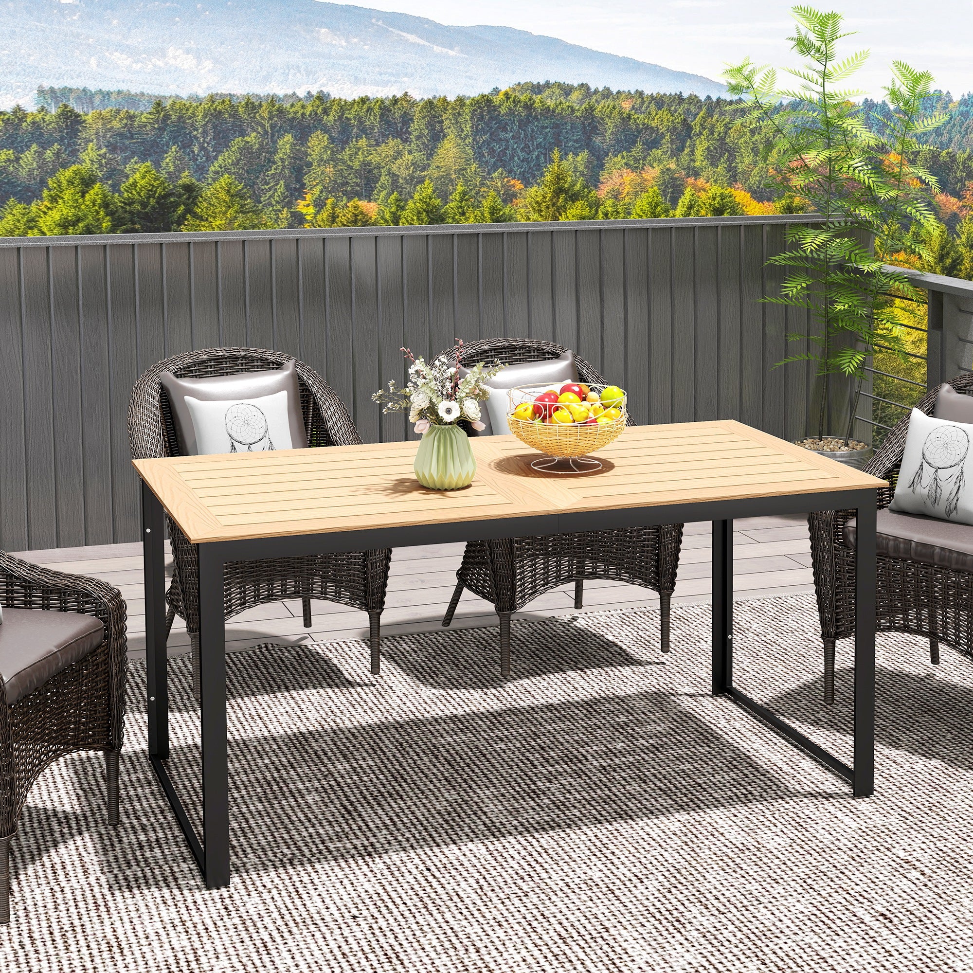 6 Seater Teak Effect Outdoor Dining Table with Metal Frame