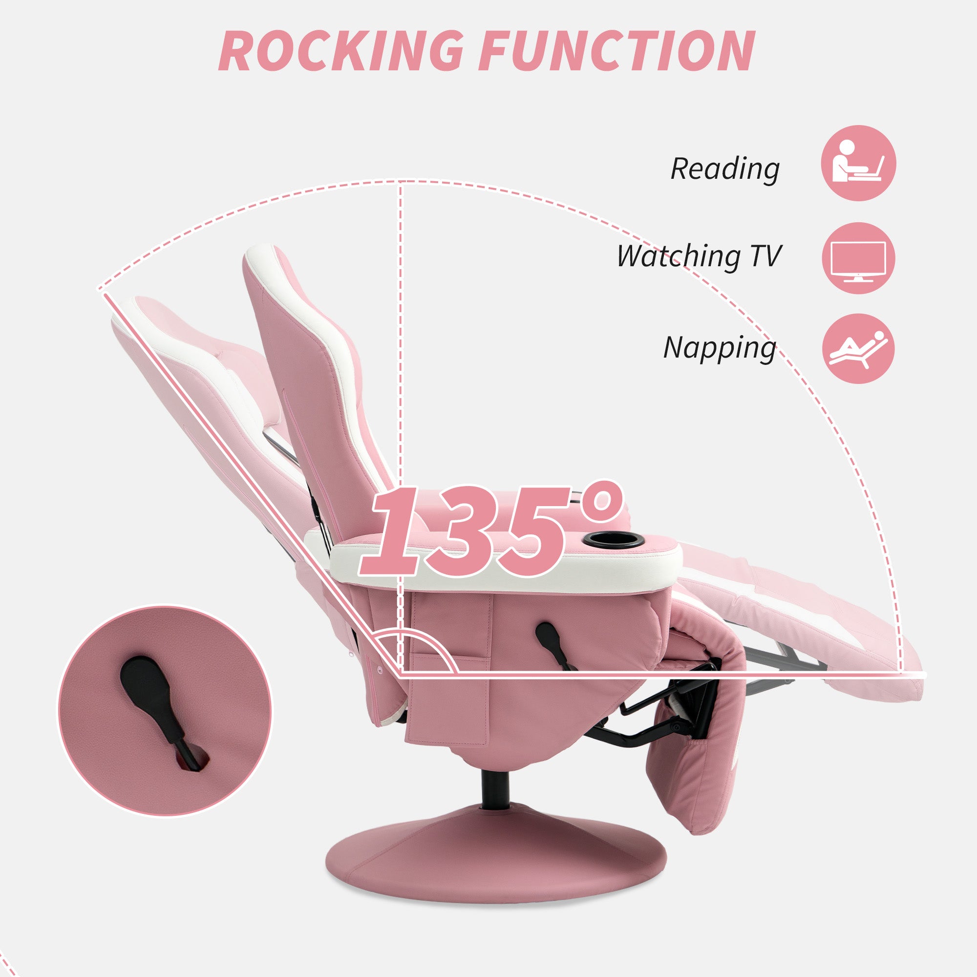 Manual Recliner Armchair with Adjustable Leg Rest, 135° Recline & 360° Swivel - Pink