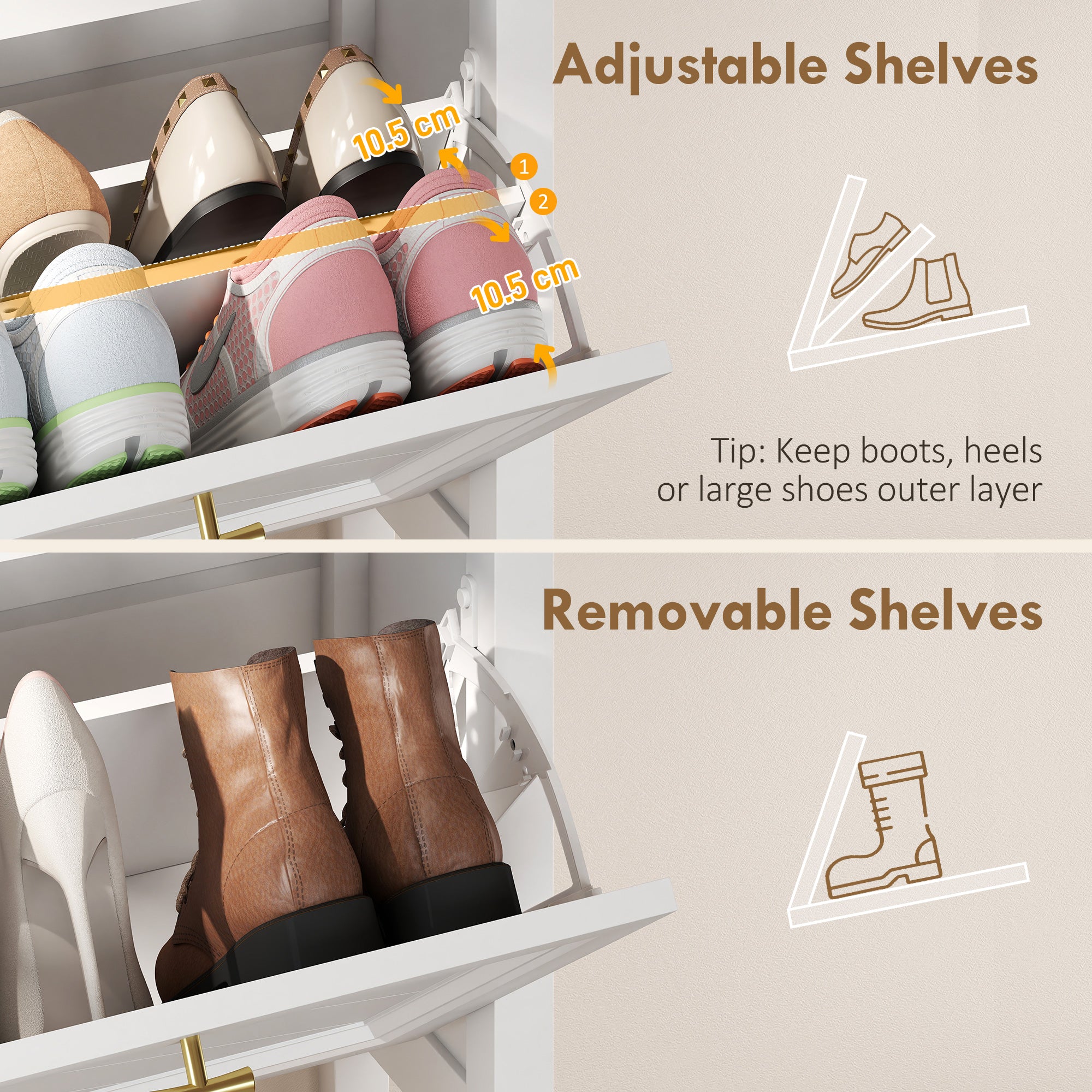 Shoe Cabinet with 2 Flip Drawers, Farmhouse Narrow Shoe Storage Cabinet with Adjustable Shelves, White