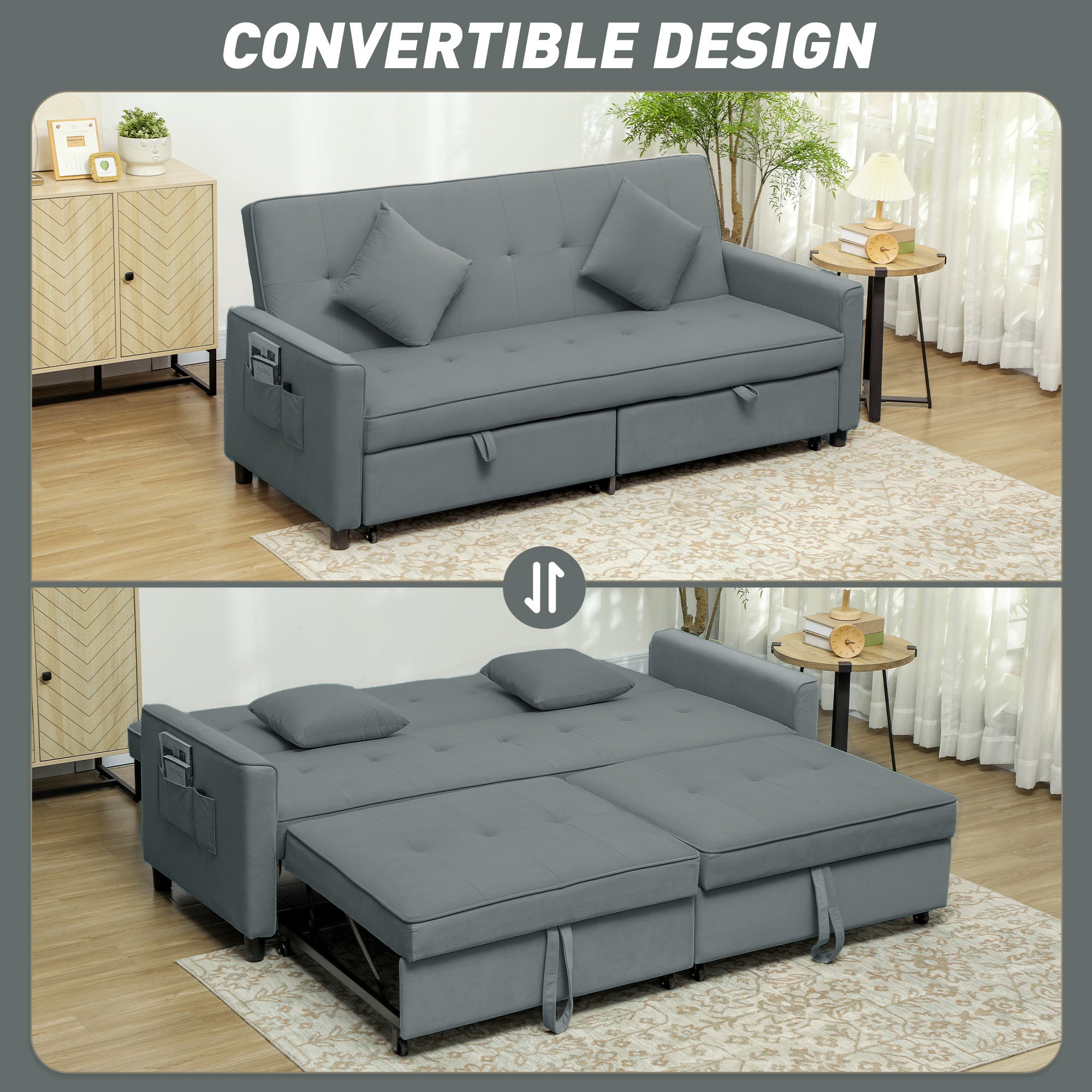 Three-Person Velvet-Feel Sofa Bed - Grey