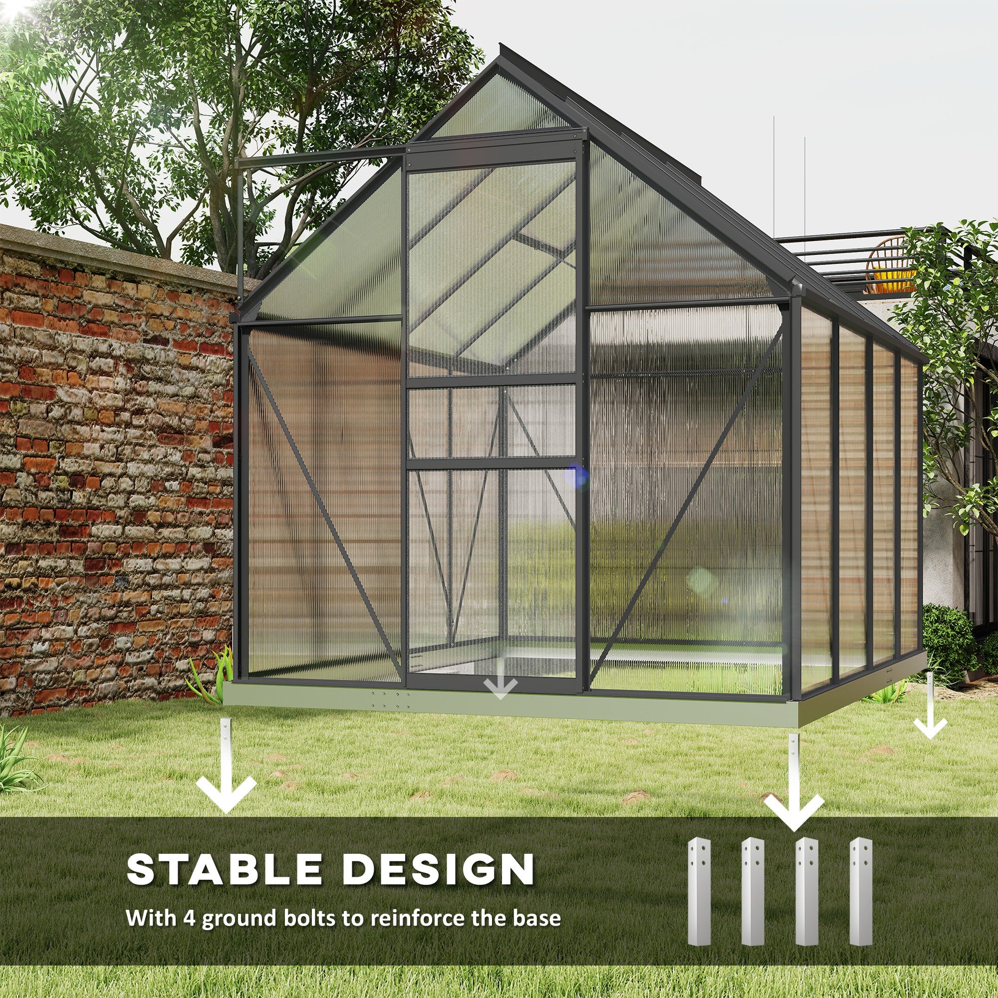 190 x 253 cm Walk-In Polycarbonate Greenhouse - Dark Grey