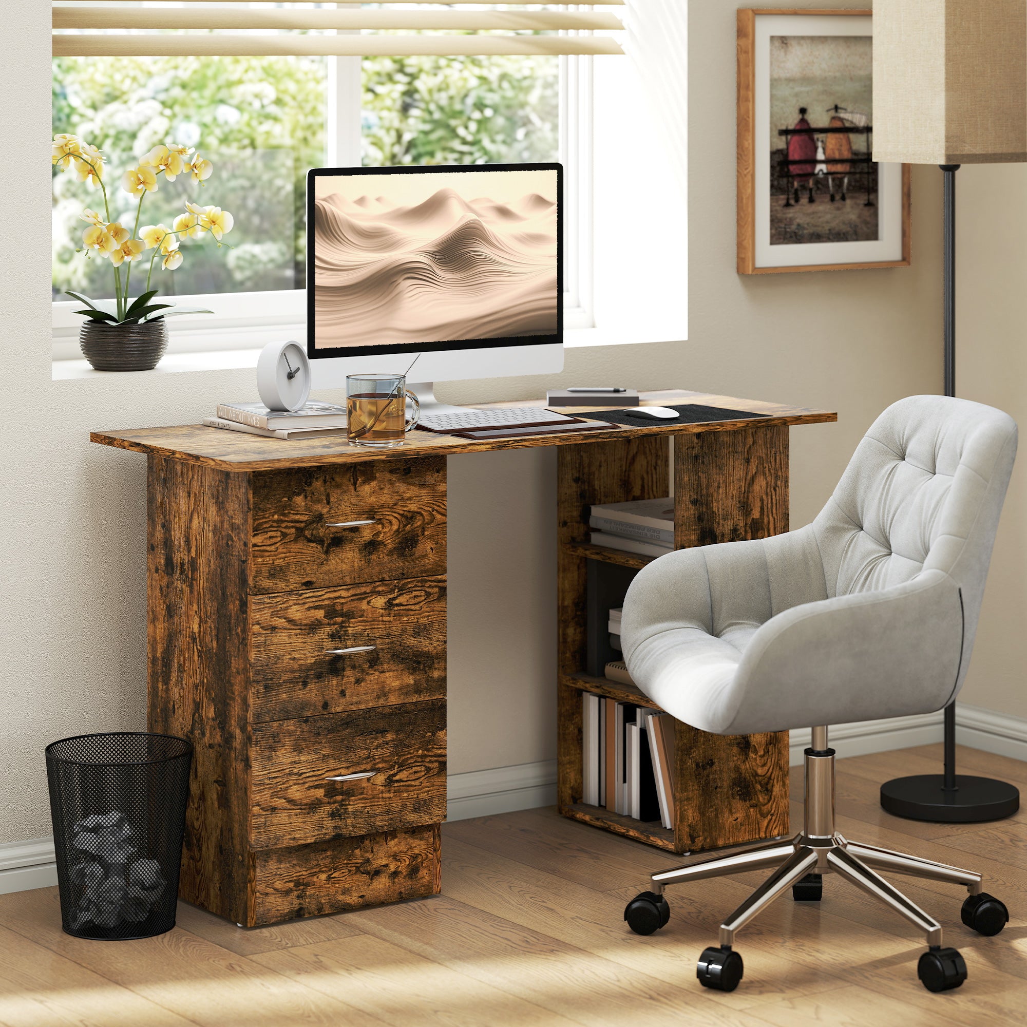 Computer Desk with Drawers, Home Office Desk, Writing Table, PC Workstation with 3 Storage Shelves for Working, Study, 120 x 49 x 72 cm, Rustic Brown