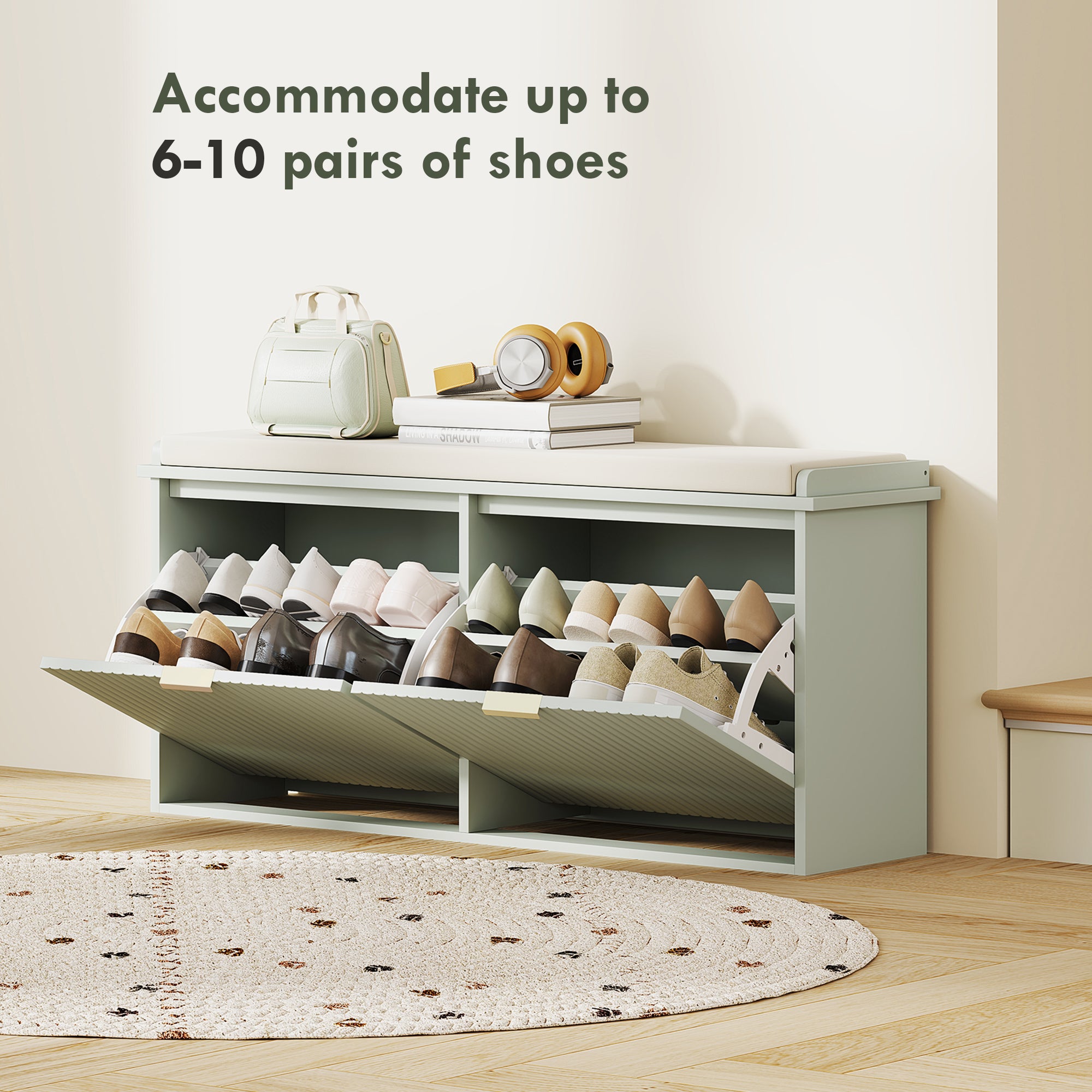 Elegant Ten Shoe Storage Bench with Padded Seat - Green