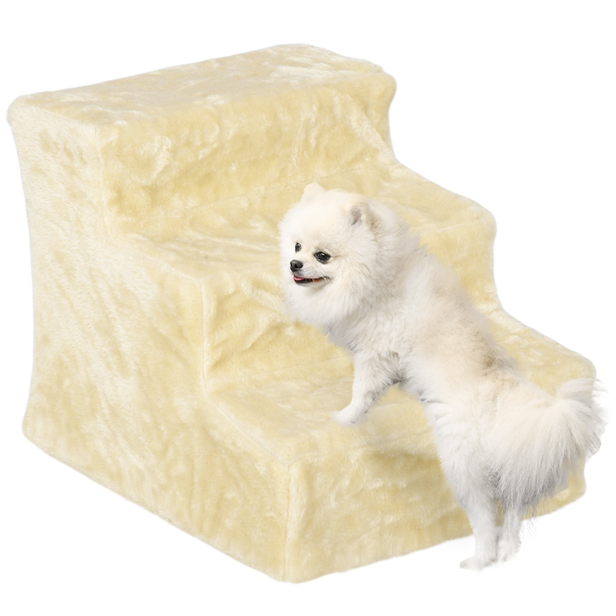 Three-Step Dog Stairs, with Washable Plush Cover, for High Bed Sofa, Dog Stairs for Small Dog and Cat - Beige