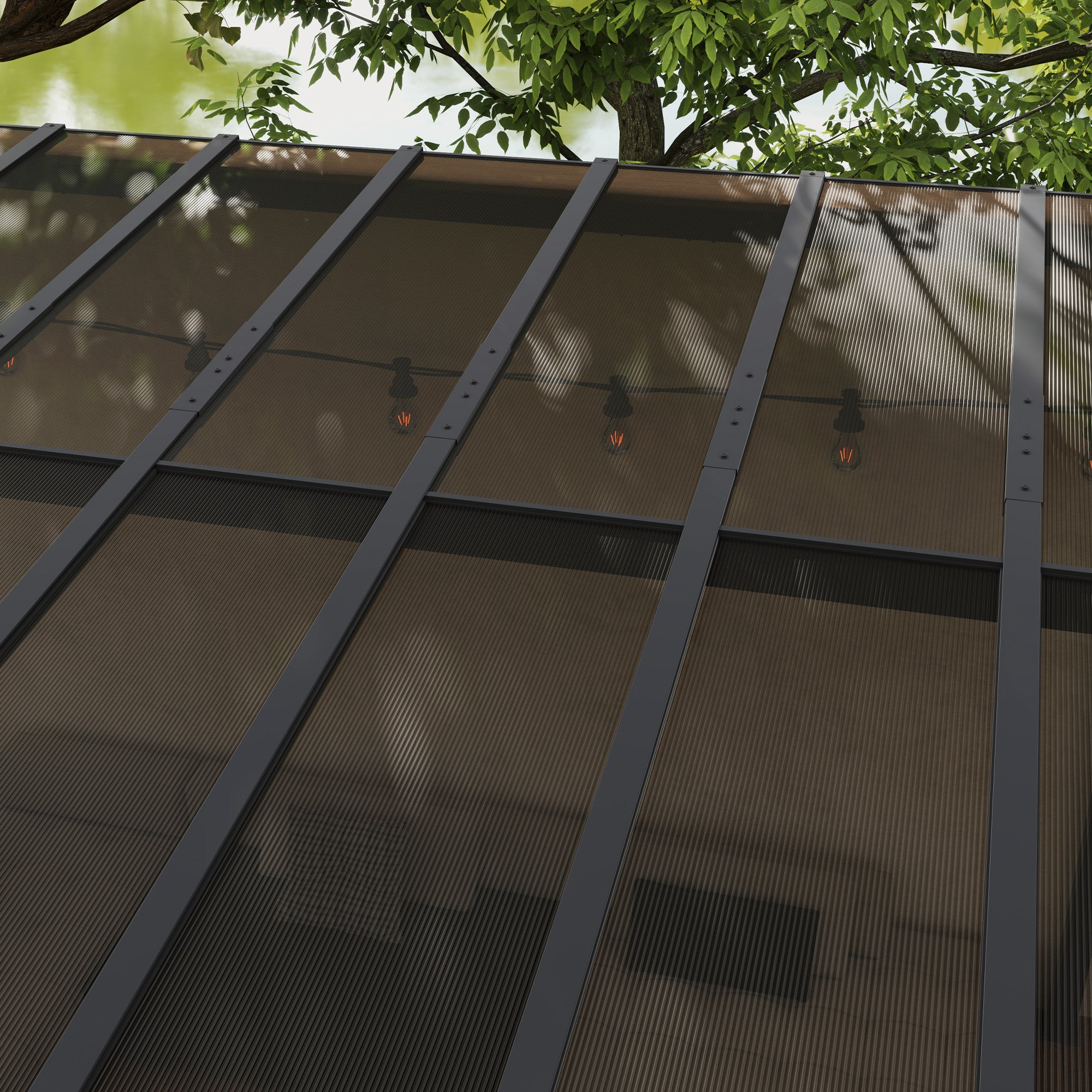 3 x 4.3m Metal Pergola with UPF 50+ and Waterproof Polycarbonate Roof, Wall-Mounted or Free Standing Garden Gazebo, Wind-resistant Outdoor Sun Shade, Dark Grey