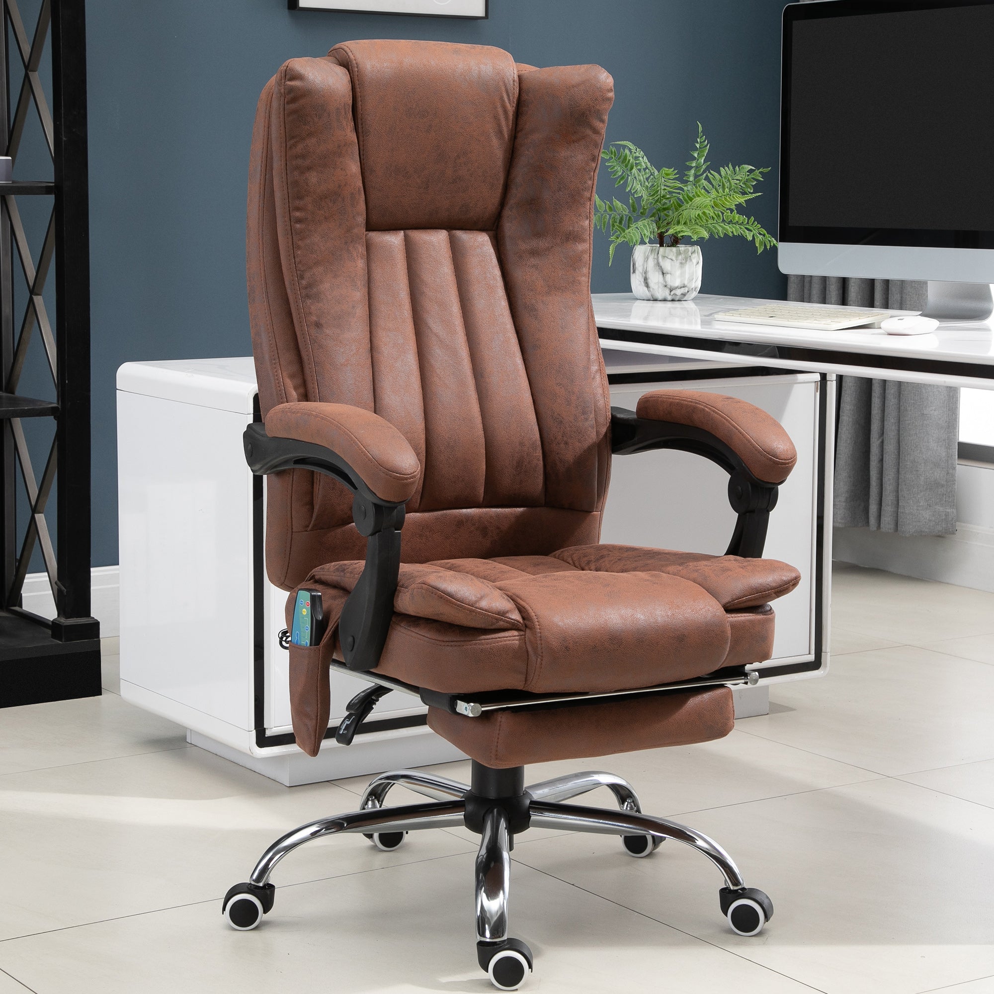 Office Chair with Massage and Heat, Microfibre Reclining Computer Desk Chair with Footrest and Adjustable Height, Swivel Wheels for Home Office, Brown