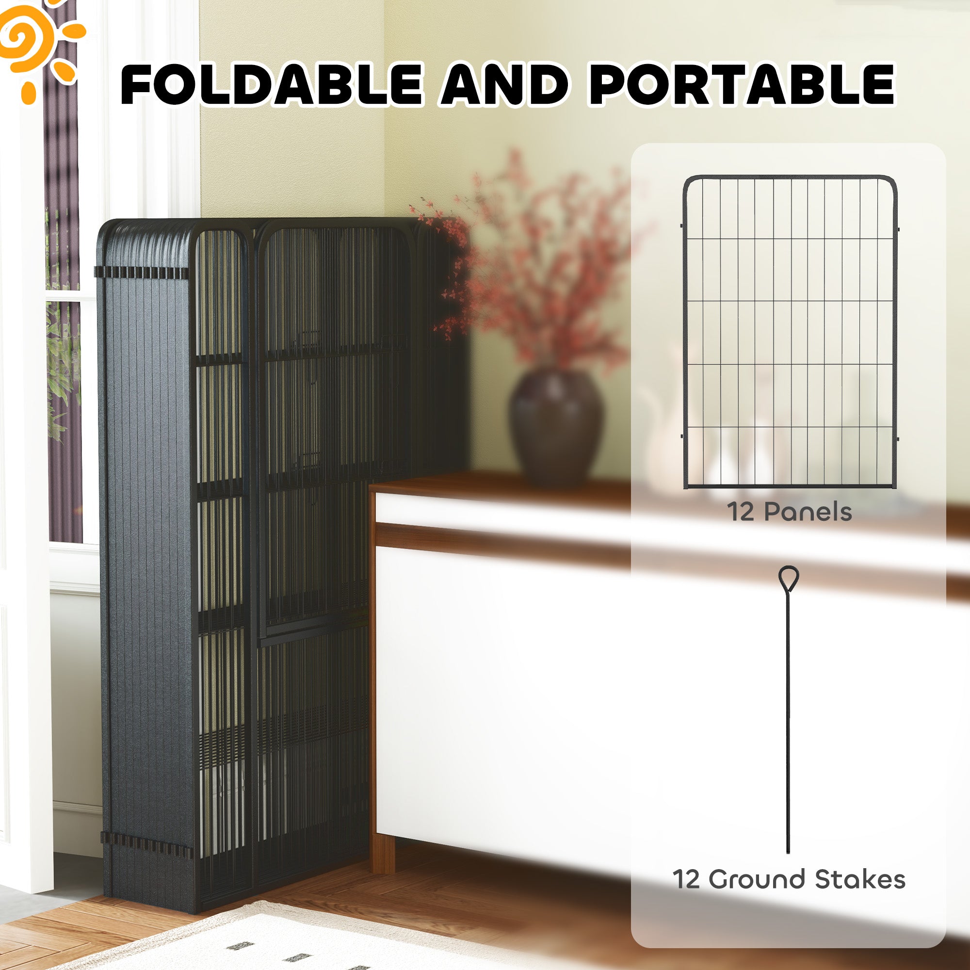 12 Panels Heavy Duty Dog Playpen with Doors, for Large Dogs, 100cm High, Black