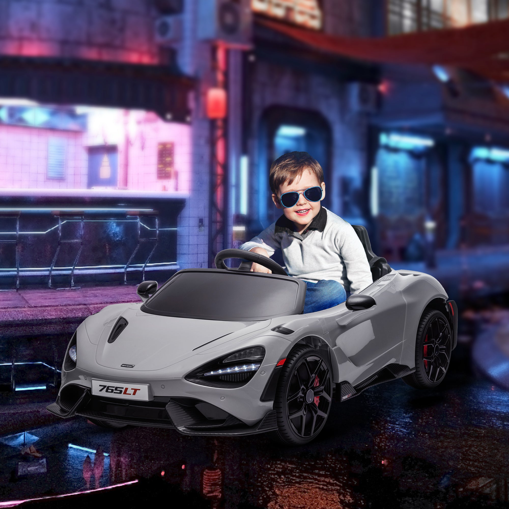 McLaren 765LT Licensed 12V Kids Electric Ride on Car with Butterfly Doors Remote Control Transport Wheels Grey