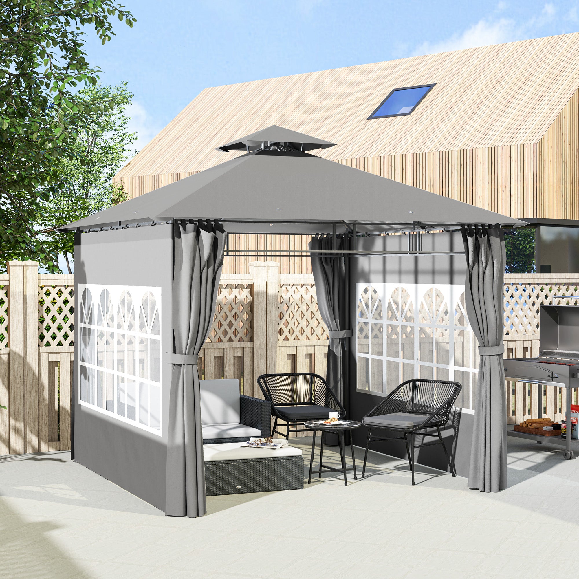 3 x 3 Metres Garden Gazebo Set with Double Roof and Removable Sidewalls - Light Grey