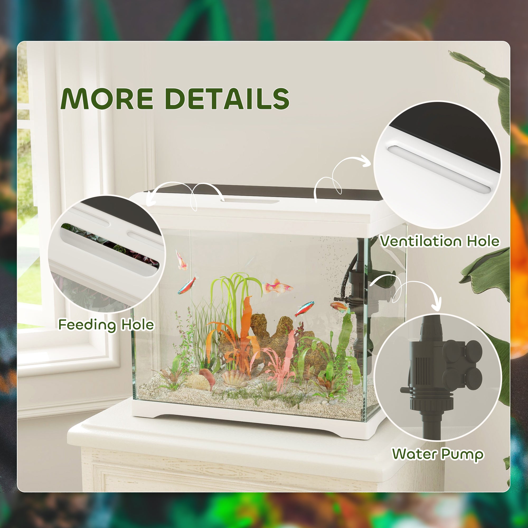 27L Glass Fish Tank with Filter System, LED Light, Water Pump, for Betta, Goldfish, Shrimps, White