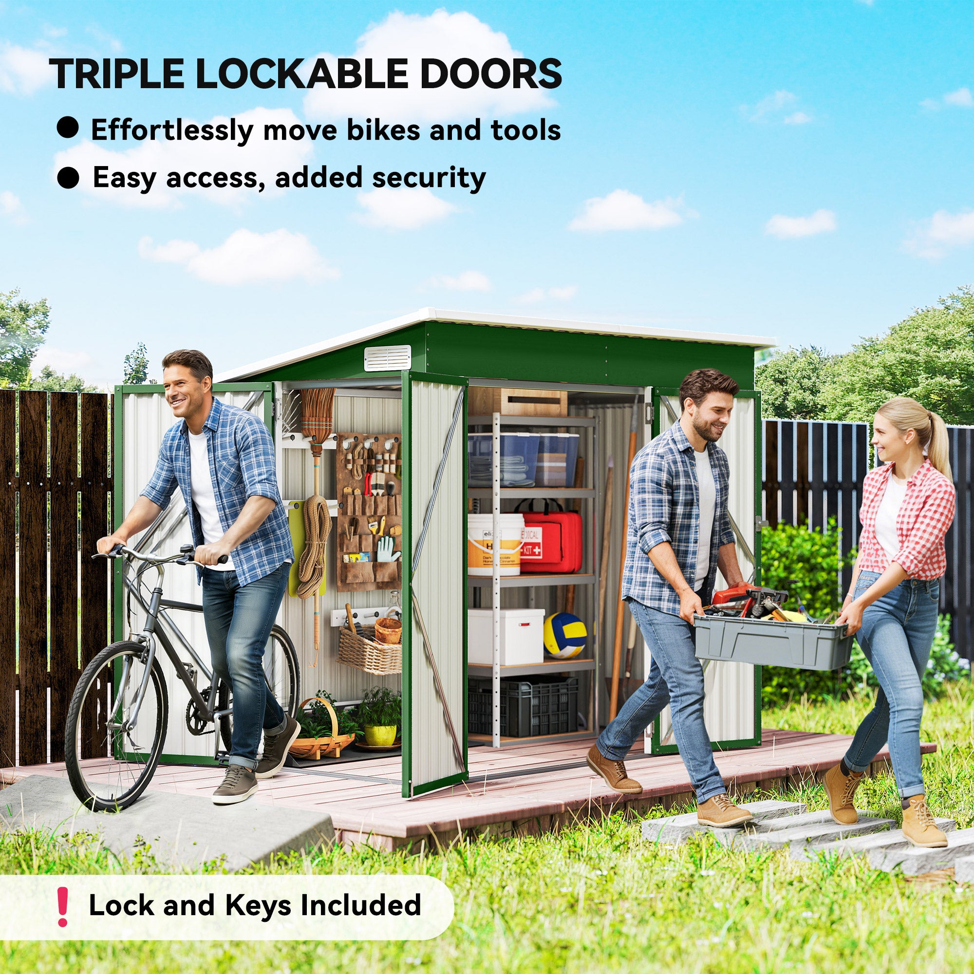 7.5 x 4.3ft Metal Garden Storage Shed, Waterproof Outdoor Shed with Triple Lockable Door, Gloves, Vents, Green