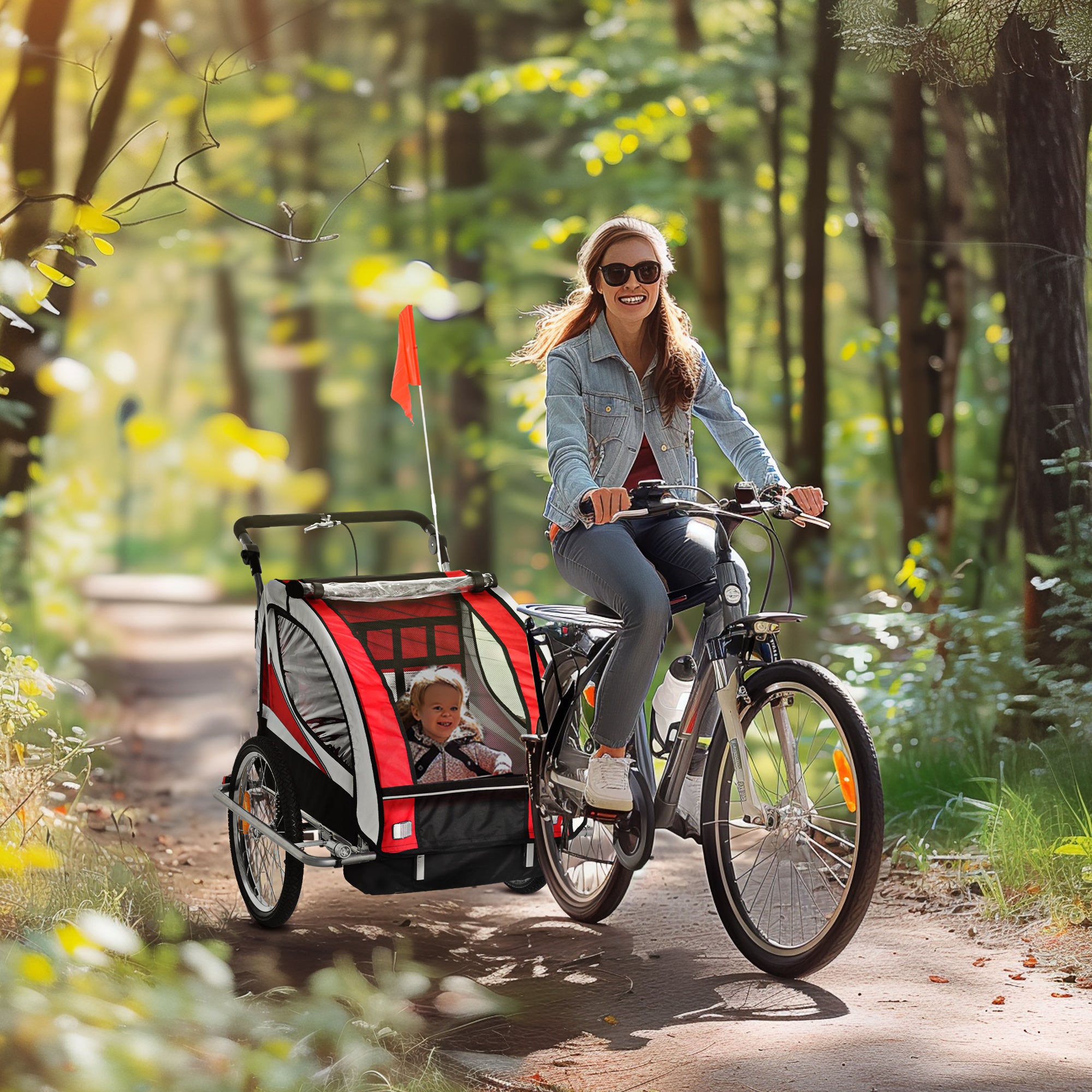 Child Bike Trailer Baby Bicycle Trailer 360° Rotatable for 2 Kids with Steel Frame LED Hitch Coupler Red