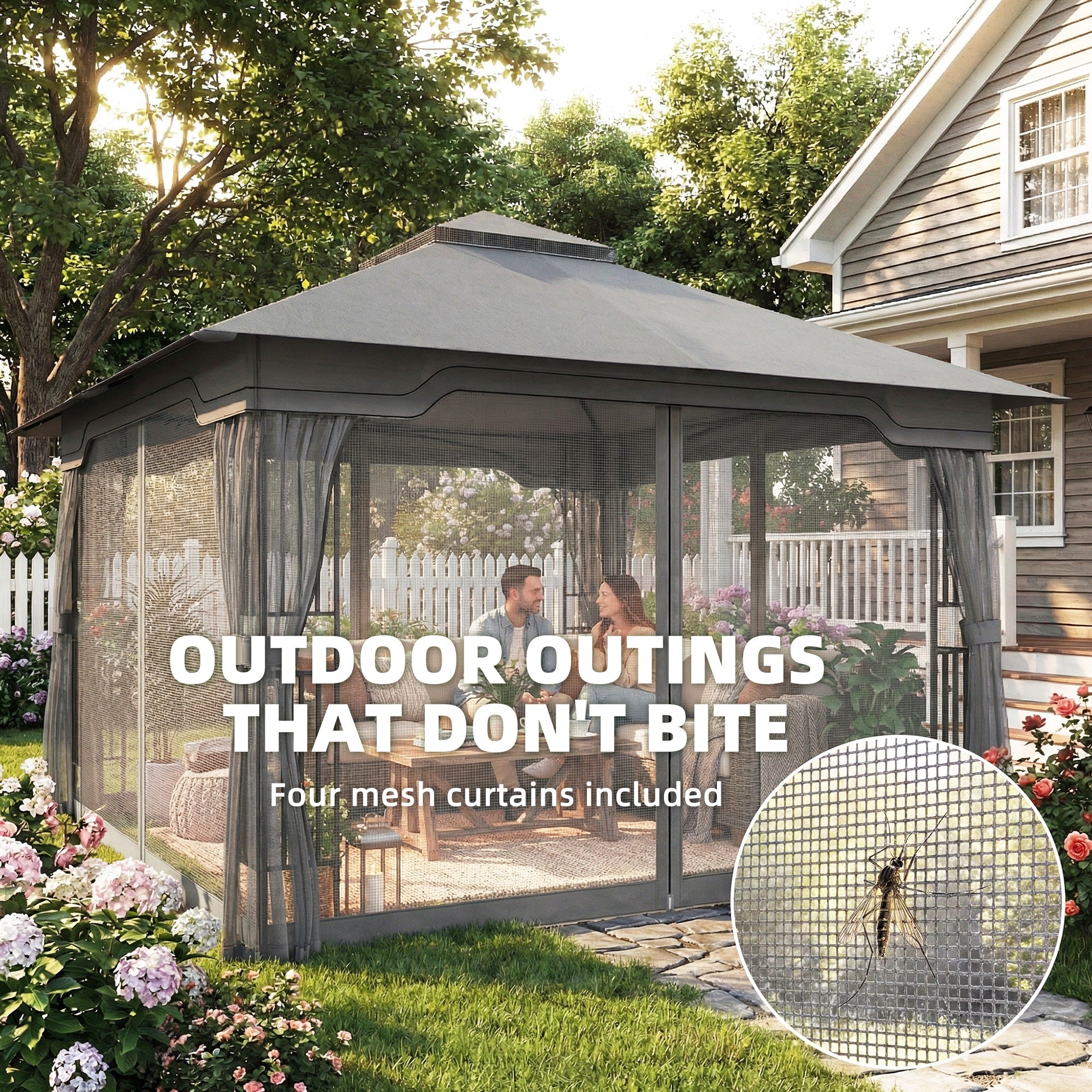3.3 x 3.3 m Outdoor Garden Gazebo with Post Shelves, UPF50+ Patio Permanent Pavilion with Hook, Dark Grey