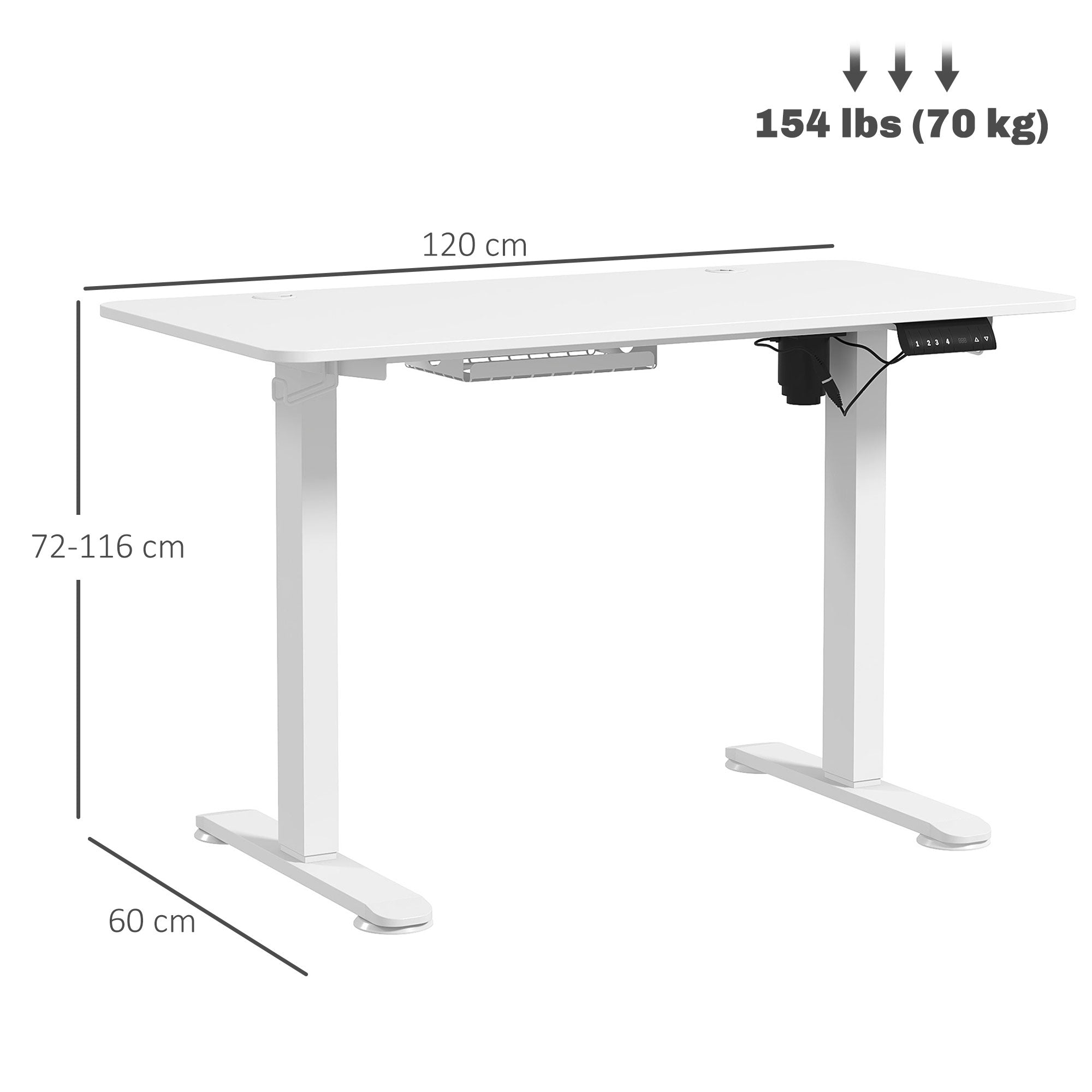 72-116cm Adjustable Electric Standing Desk, 120 x 60cm Tabletop - White