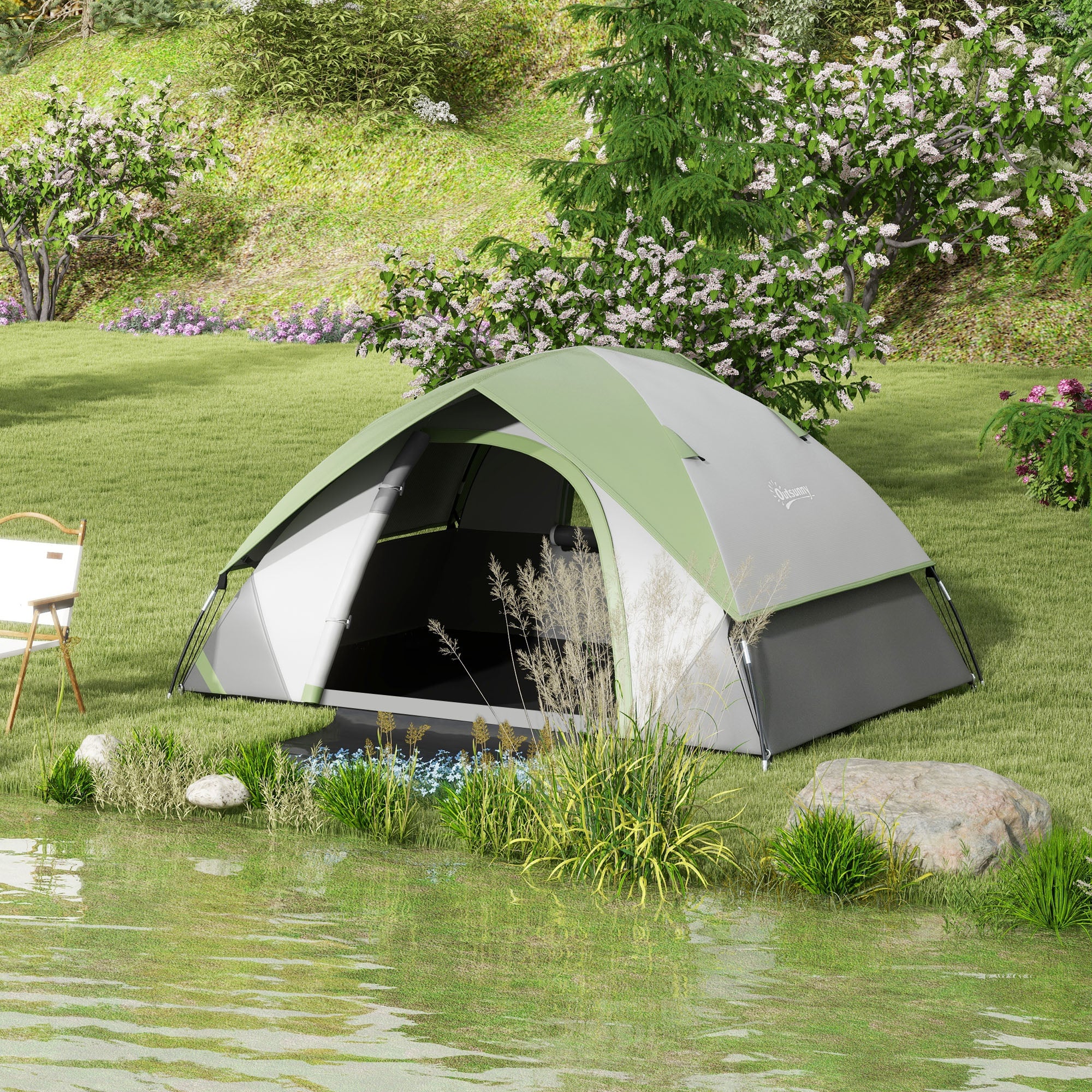 Two Man Single Room Dome Tent, with Accessories - Green/Grey